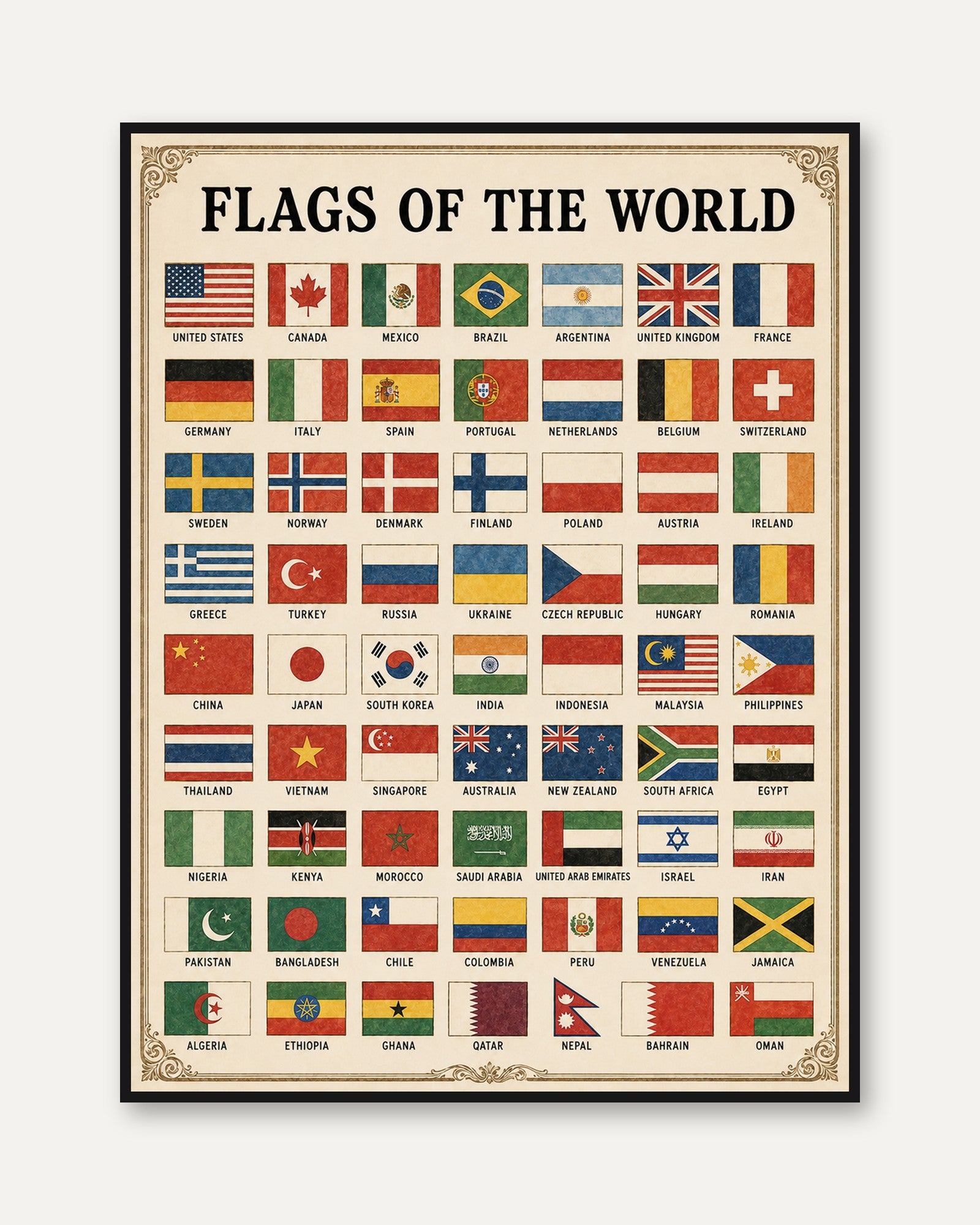 Flags of the World Chart: Vintage Educational Art Print - framed
