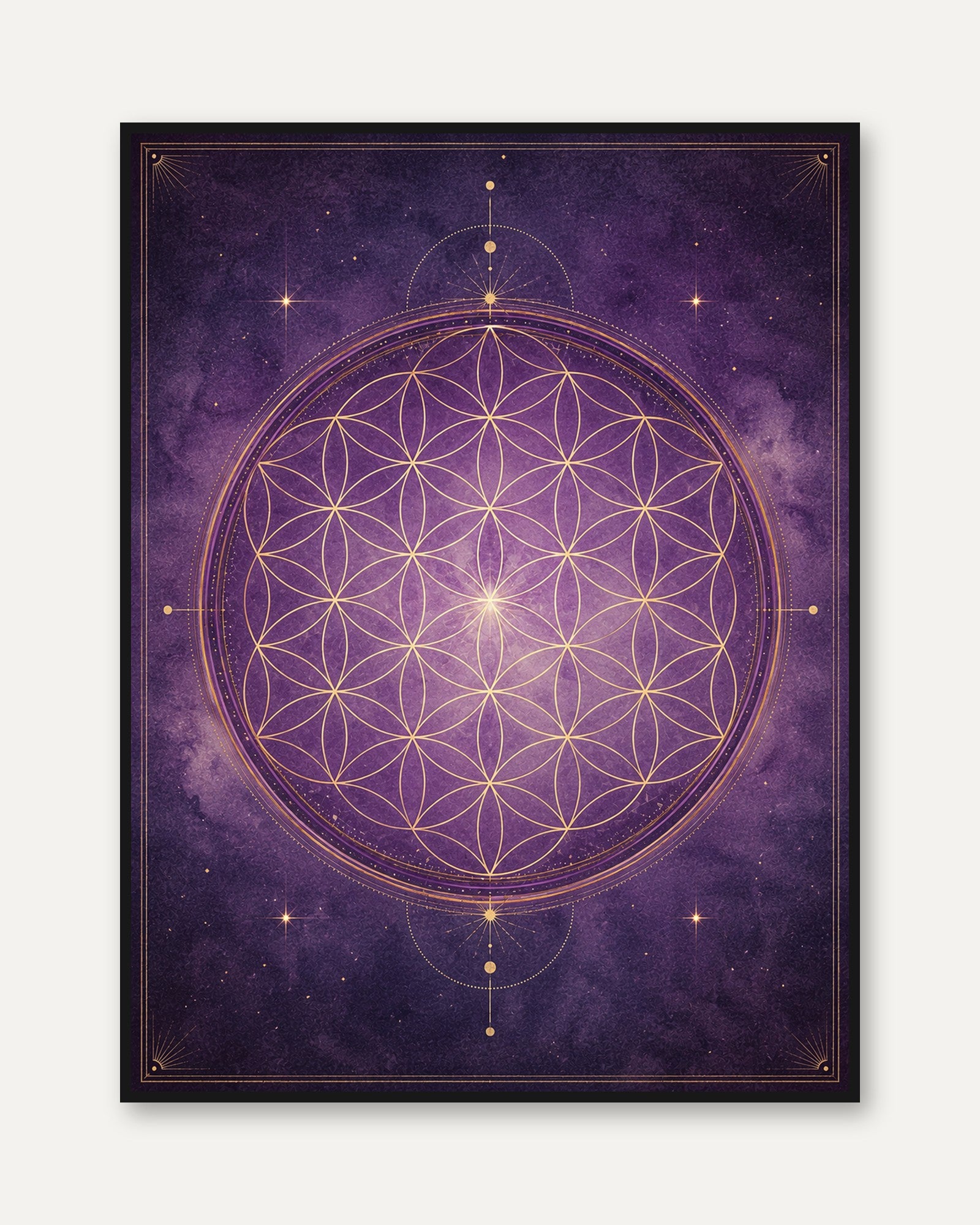 Flower of Life Sacred Geometry Print: Purple and Gold Mandala - framed