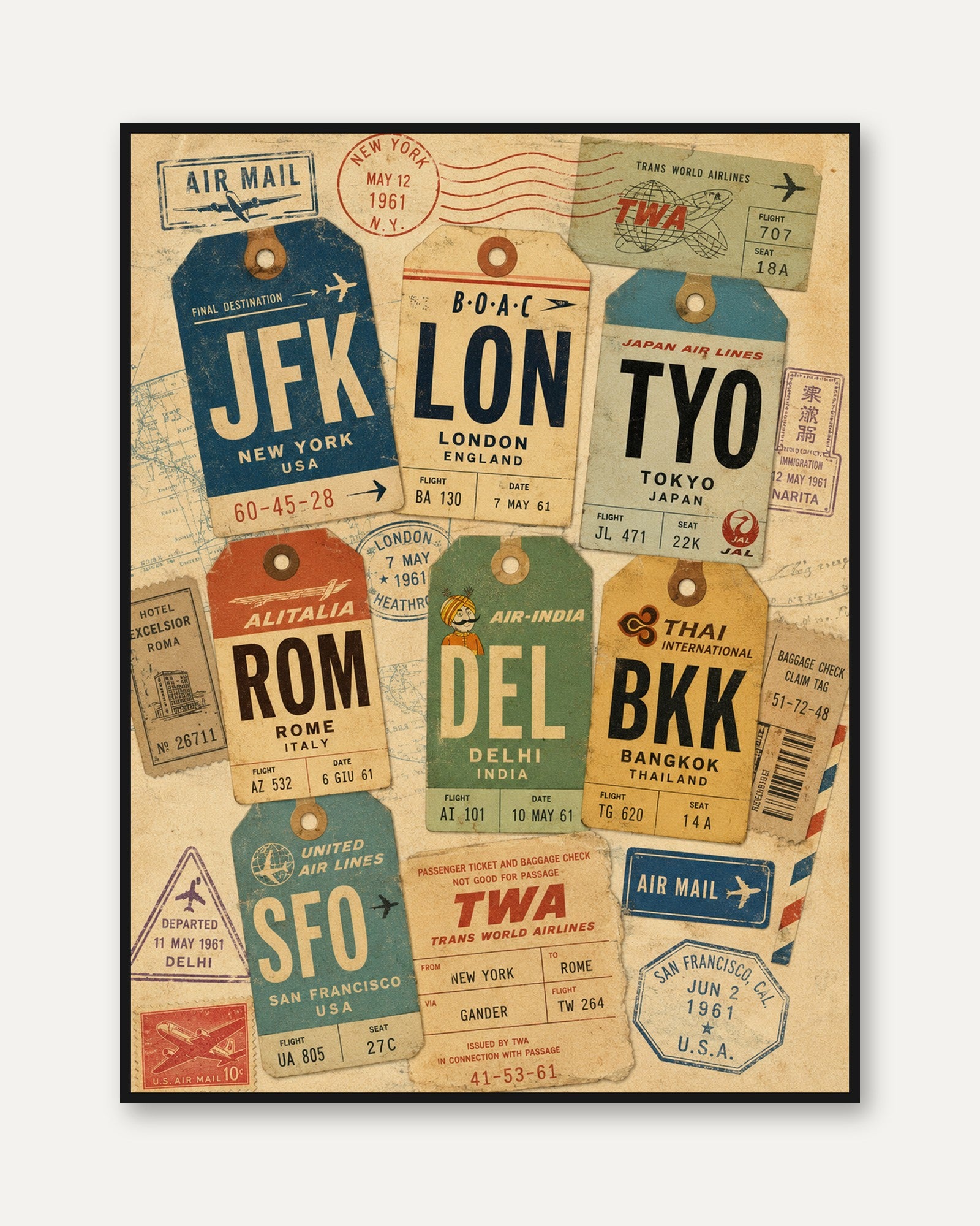 Vintage Luggage Tag Print – Travel Wall Art - framed