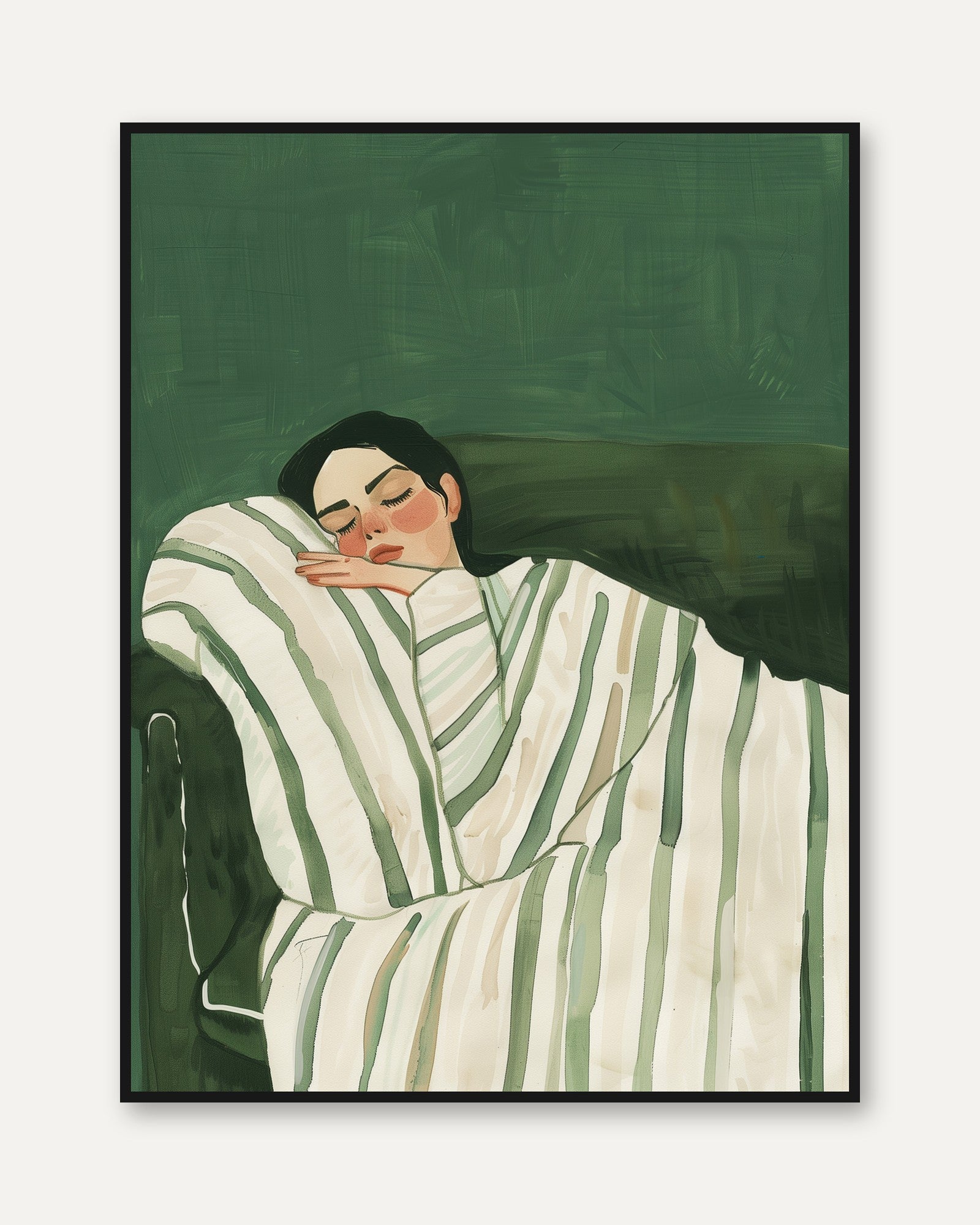 Sleeping Woman in Green Striped Bedding: Contemporary Portrait Art - framed