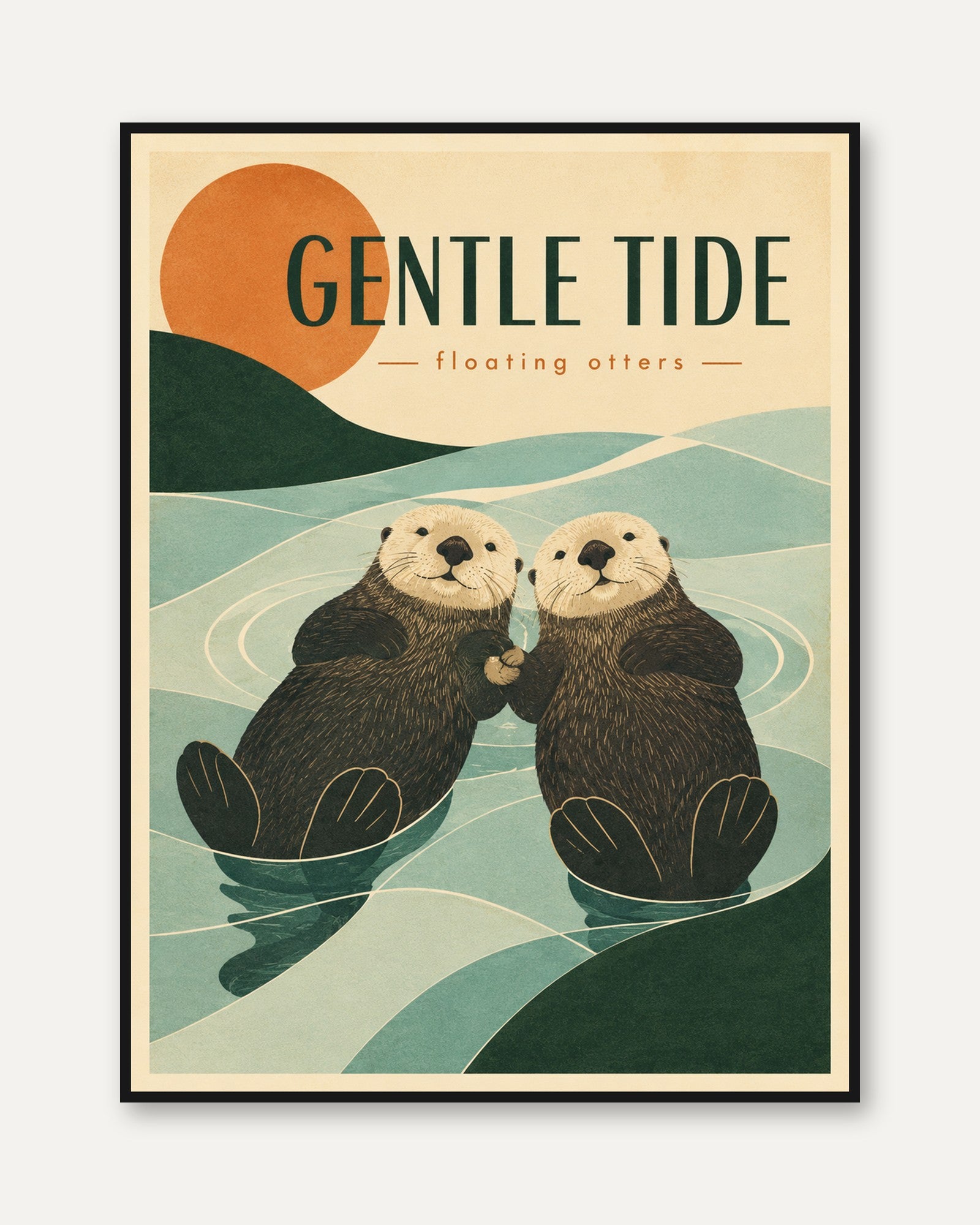 Gentle Tide Otters Art Print: Vintage Mid-Century Wildlife Poster - framed