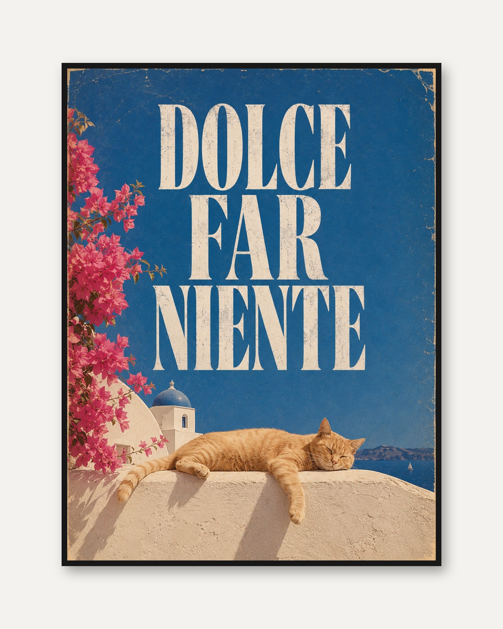 Dolce Far Niente Cat Poster: Mediterranean Travel Wall Art - framed