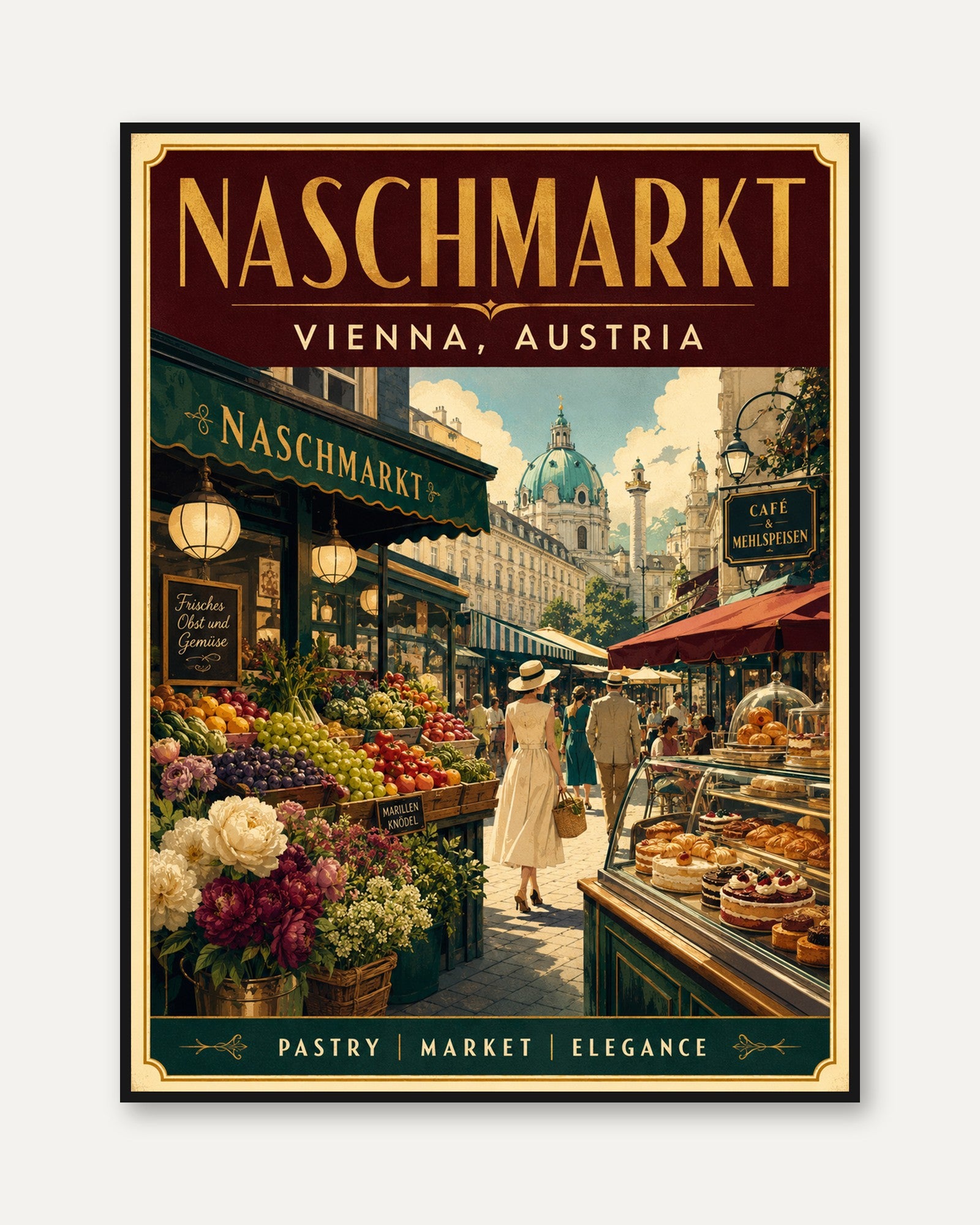 Naschmarkt Vienna Market Poster: Vintage Travel Art Print - framed