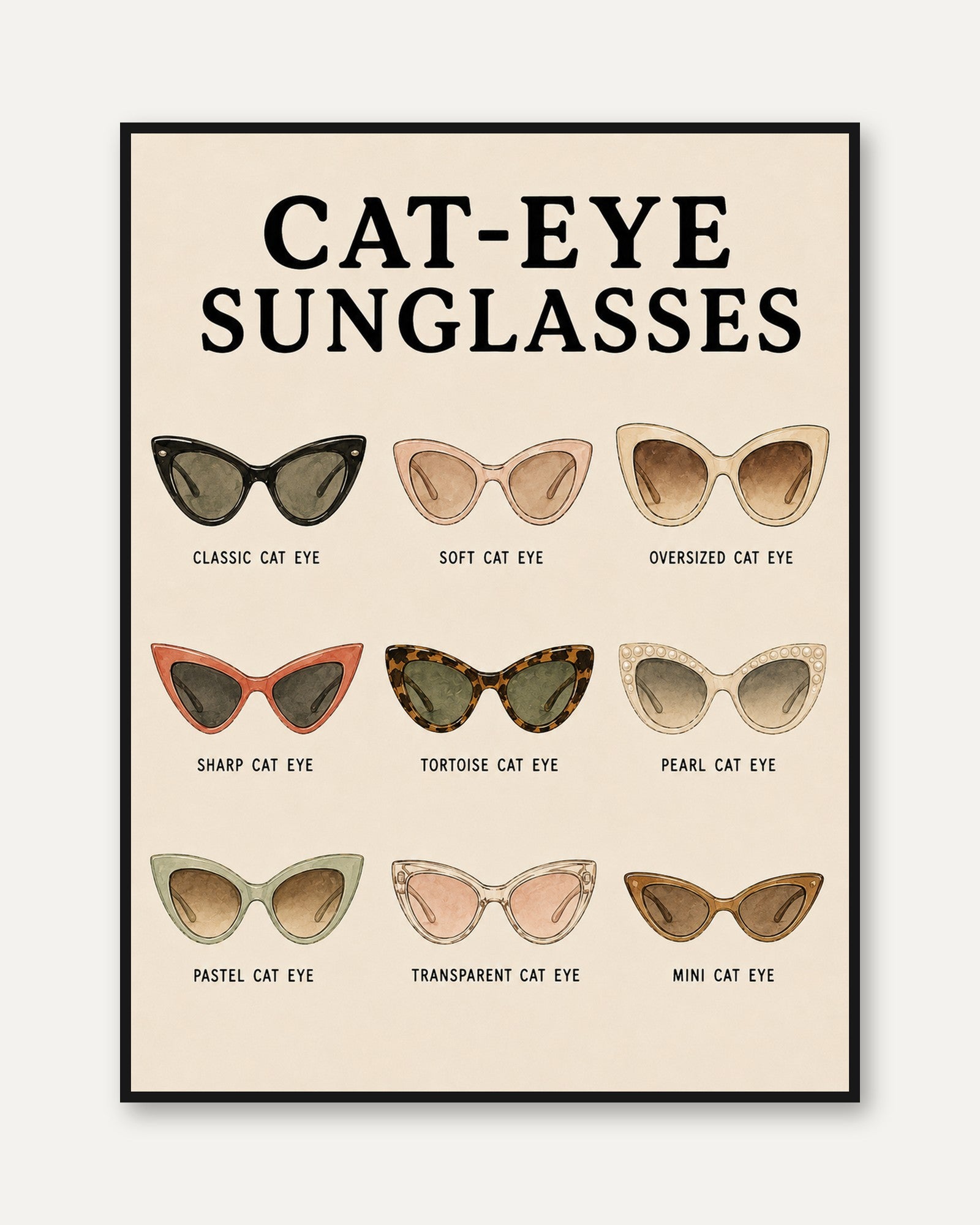 Cat-Eye Sunglasses Chart Print — Vintage Fashion Illustration - framed