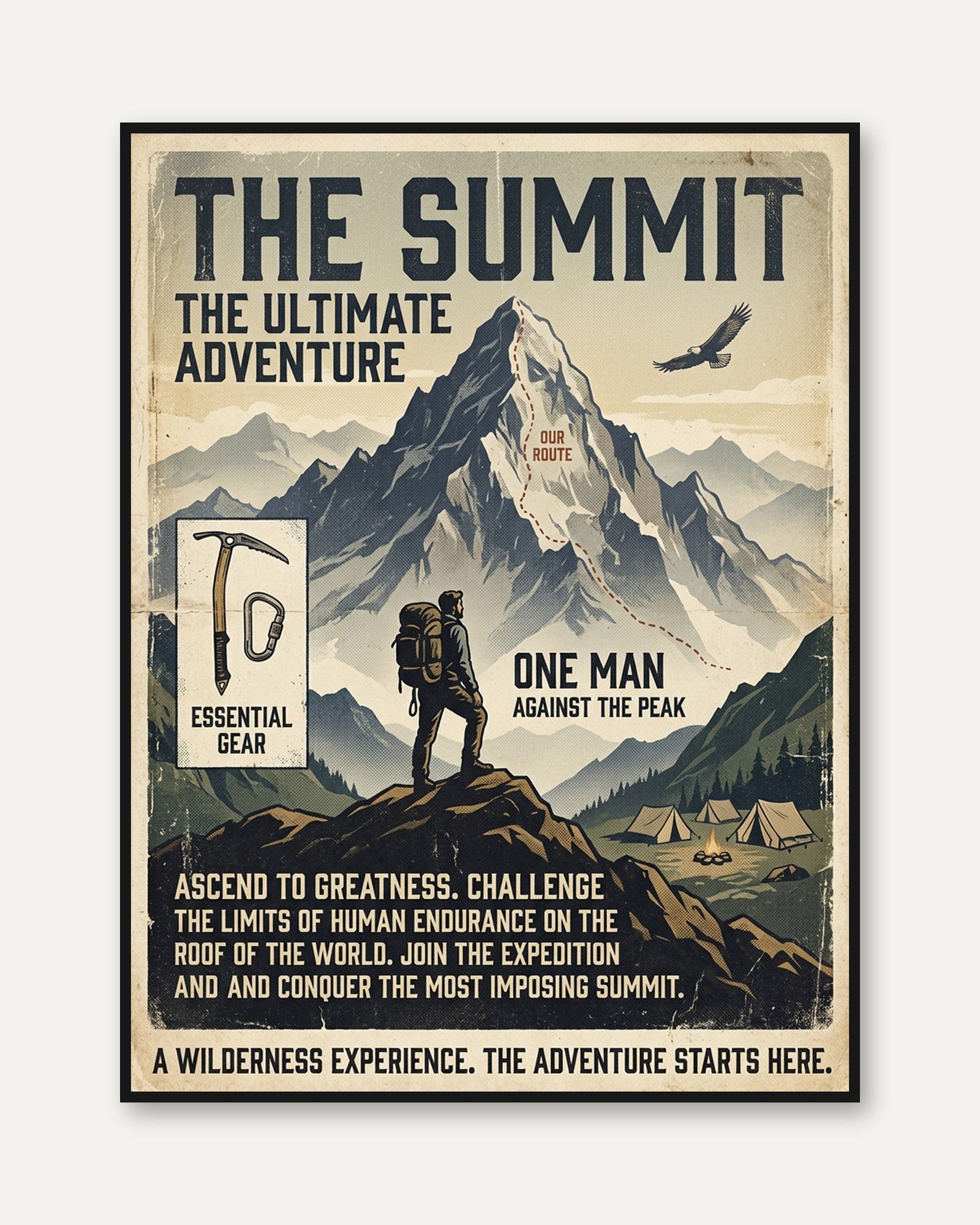 Vintage Mountain Climbing Poster Print — Retro Adventure Summit Art - framed