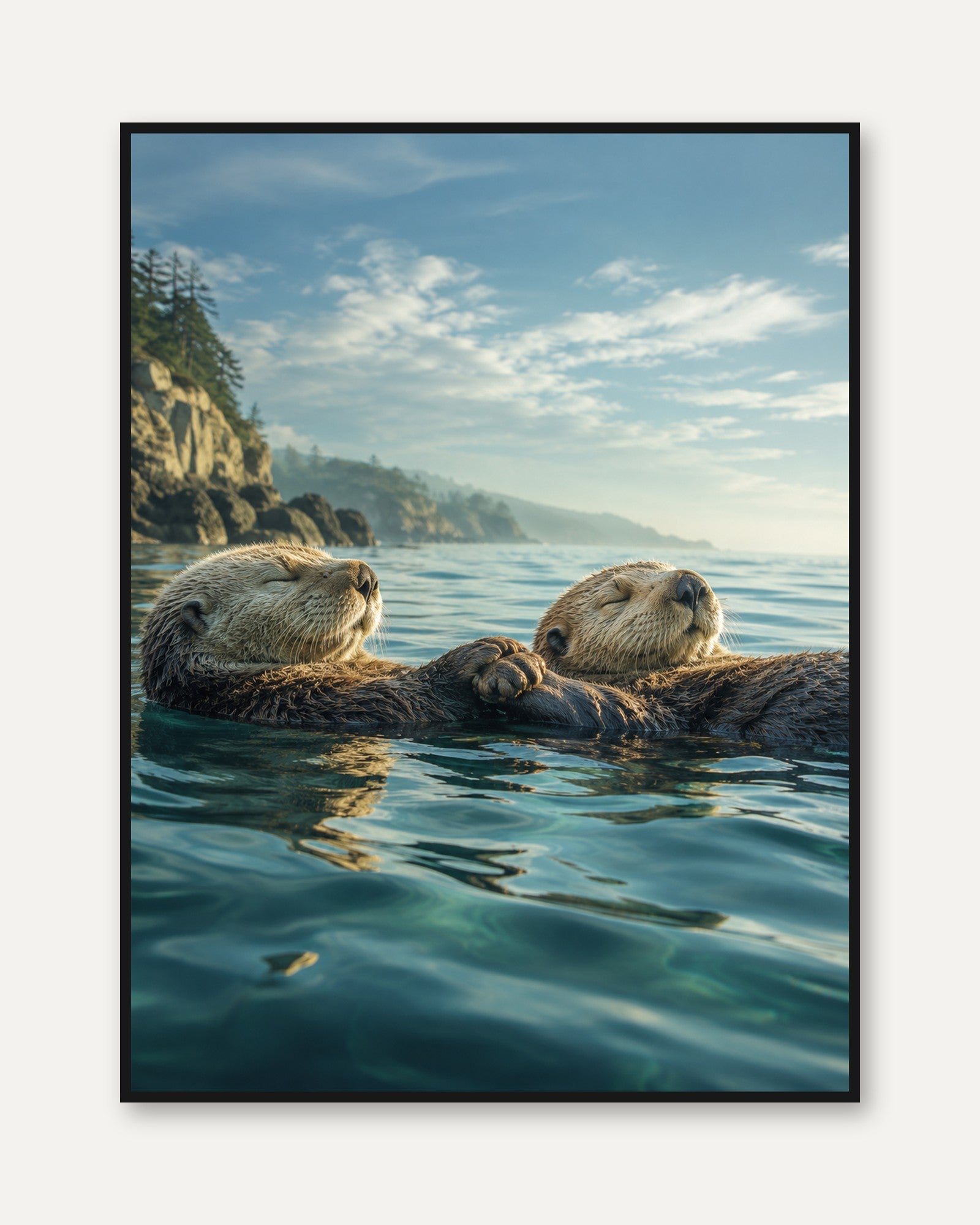 Sea Otters Coastal Photography Print: Wildlife Blue Ocean Art - framed
