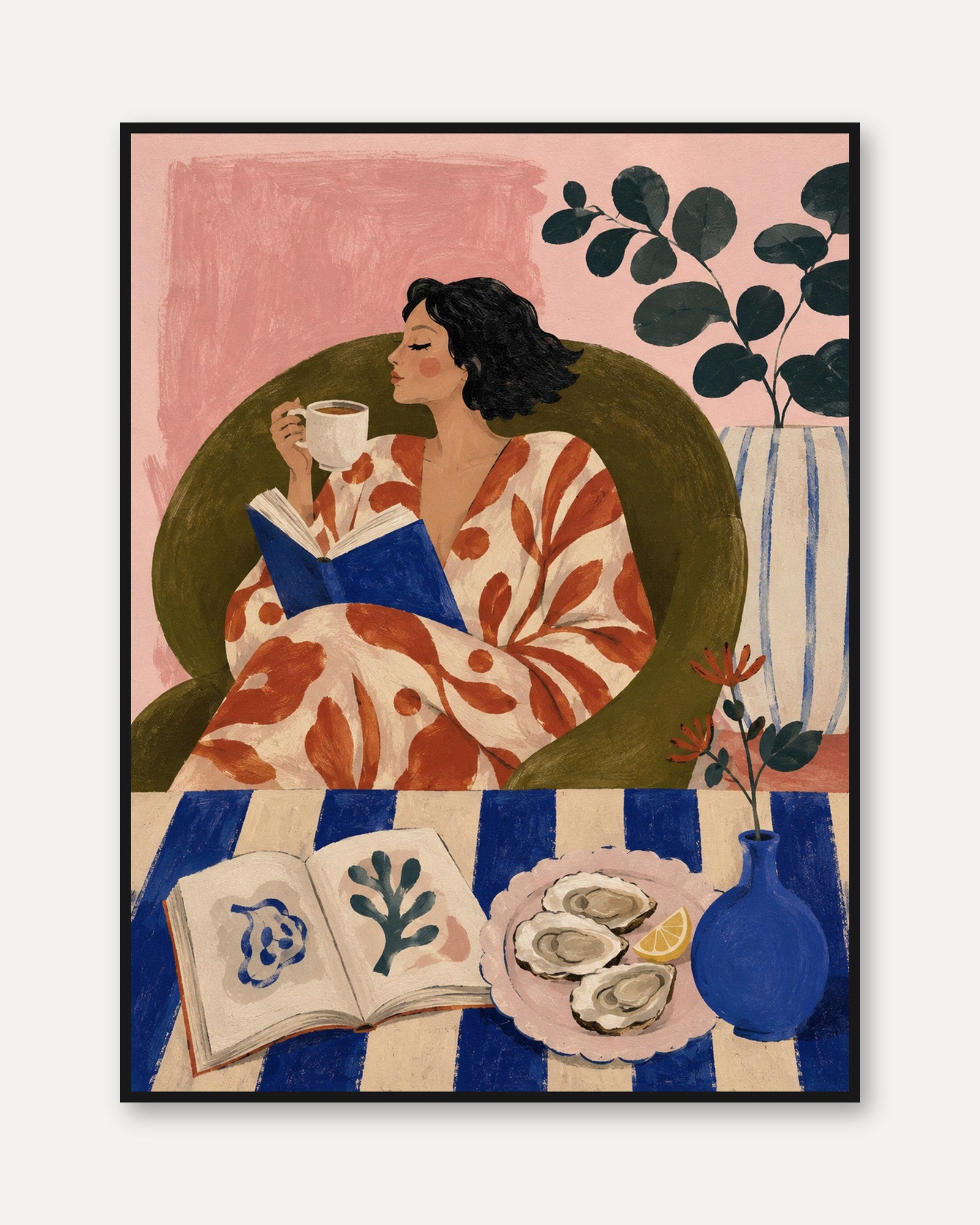 Woman Reading Wall Art – Coffee and Book Print - framed
