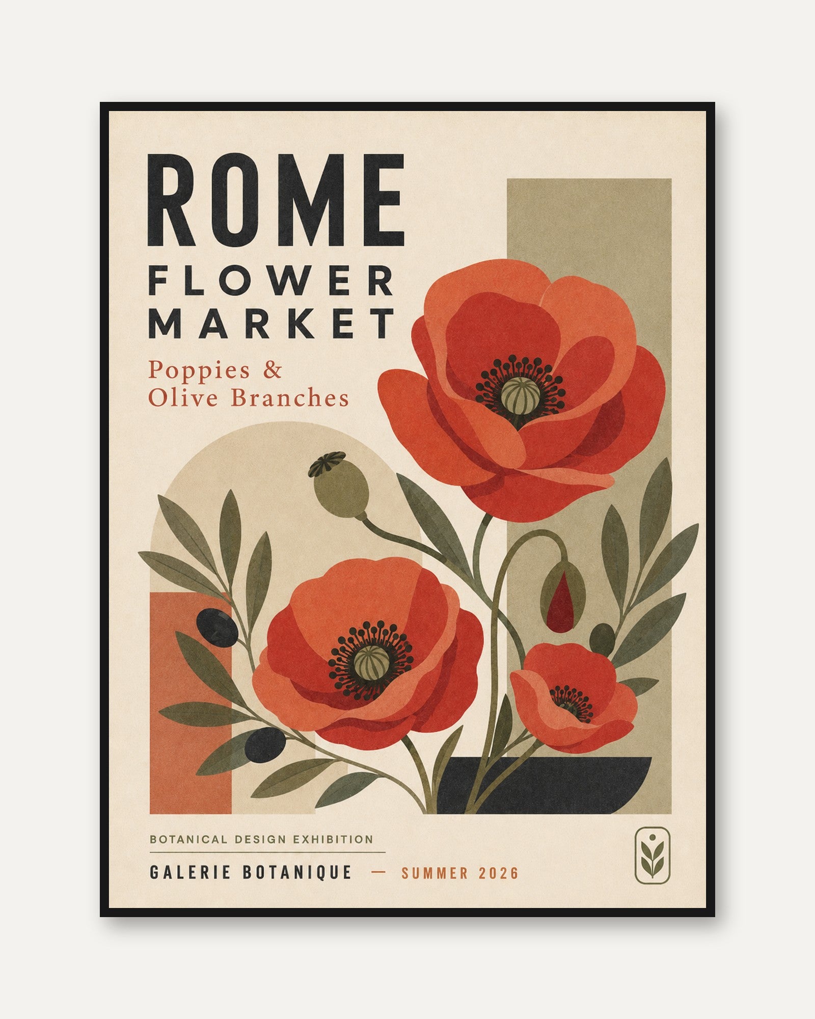 Botanical Poppy Print — Vintage Rome Flower Market Poster - framed