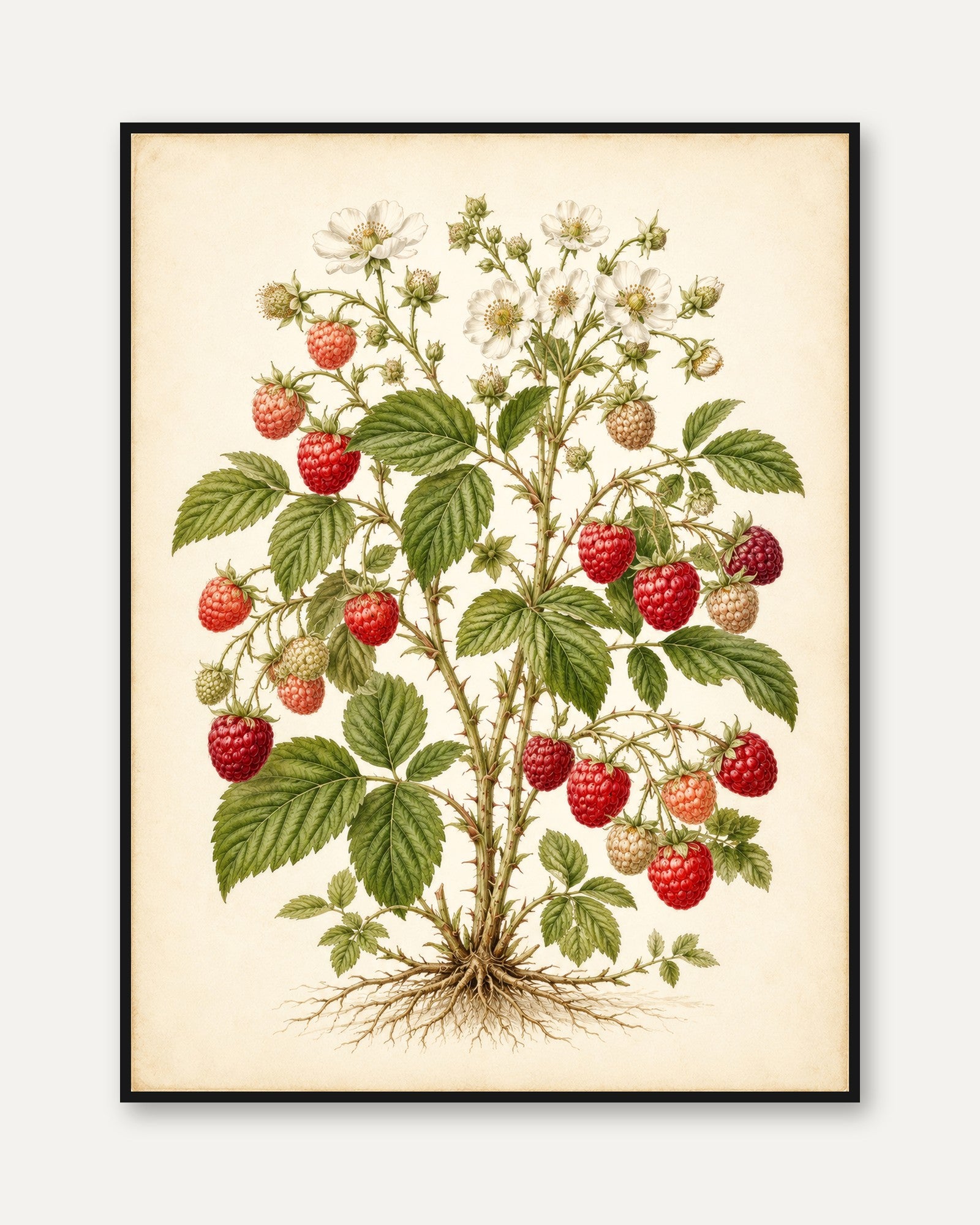 Raspberry Botanical Print — Vintage Herbal Illustration - framed