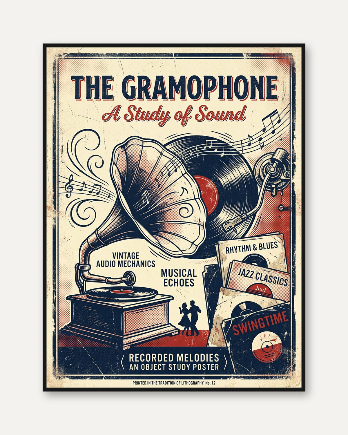 Vintage Gramophone Poster: Retro Music Art Print - framed