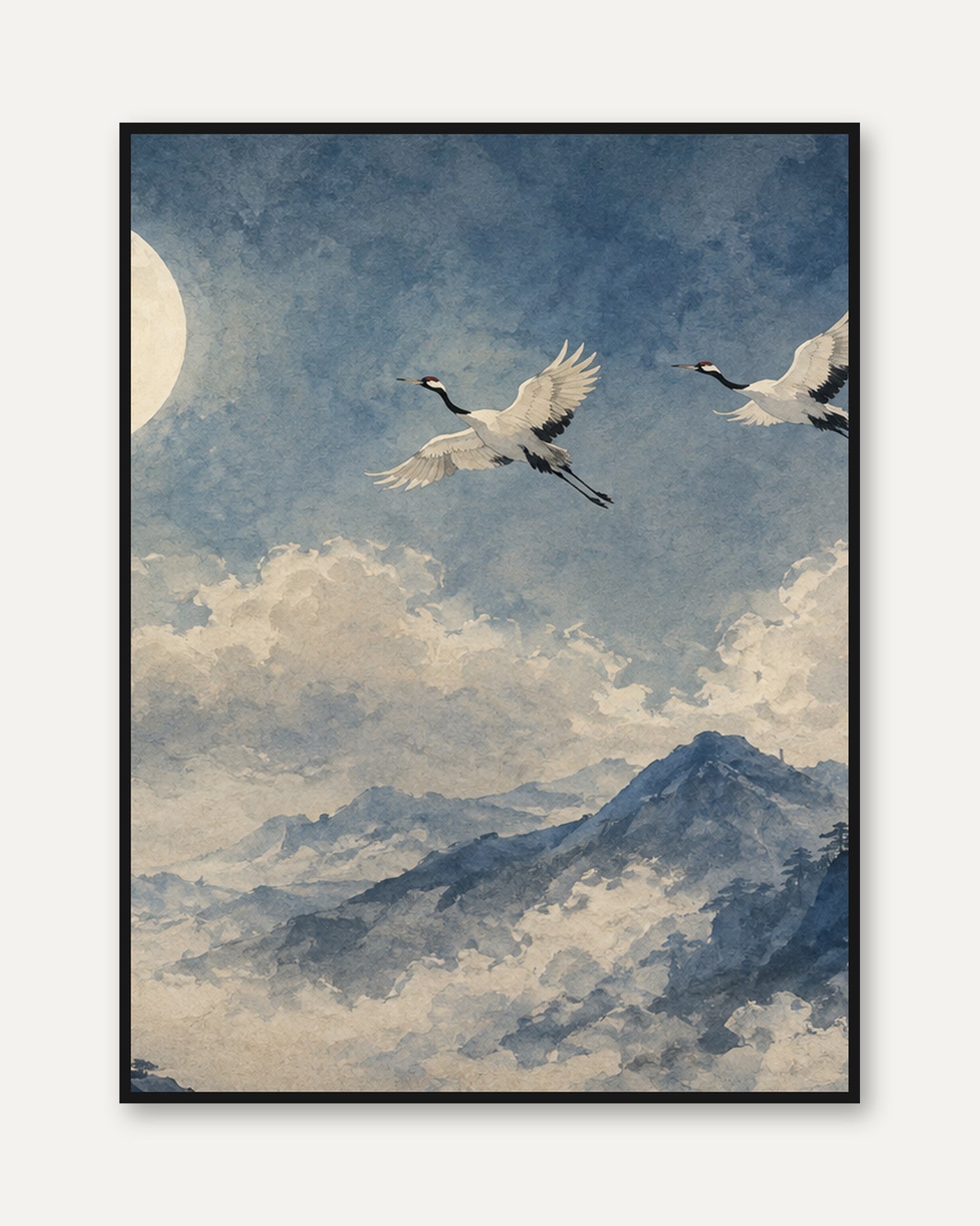 Japanese Cranes in Flight Wall Art: Watercolor Blue Sky Print - framed