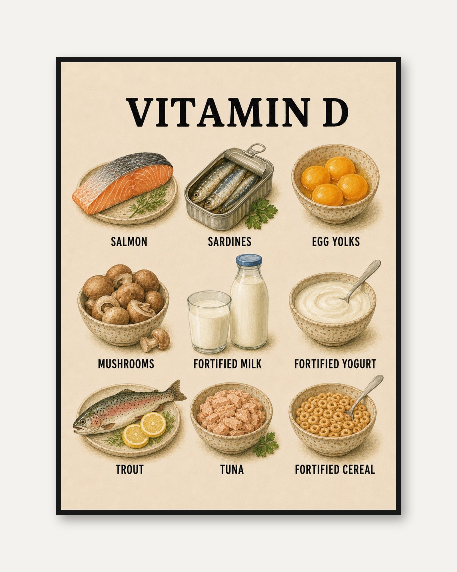 Vitamin D Foods Poster – Kitchen Wall Art - framed
