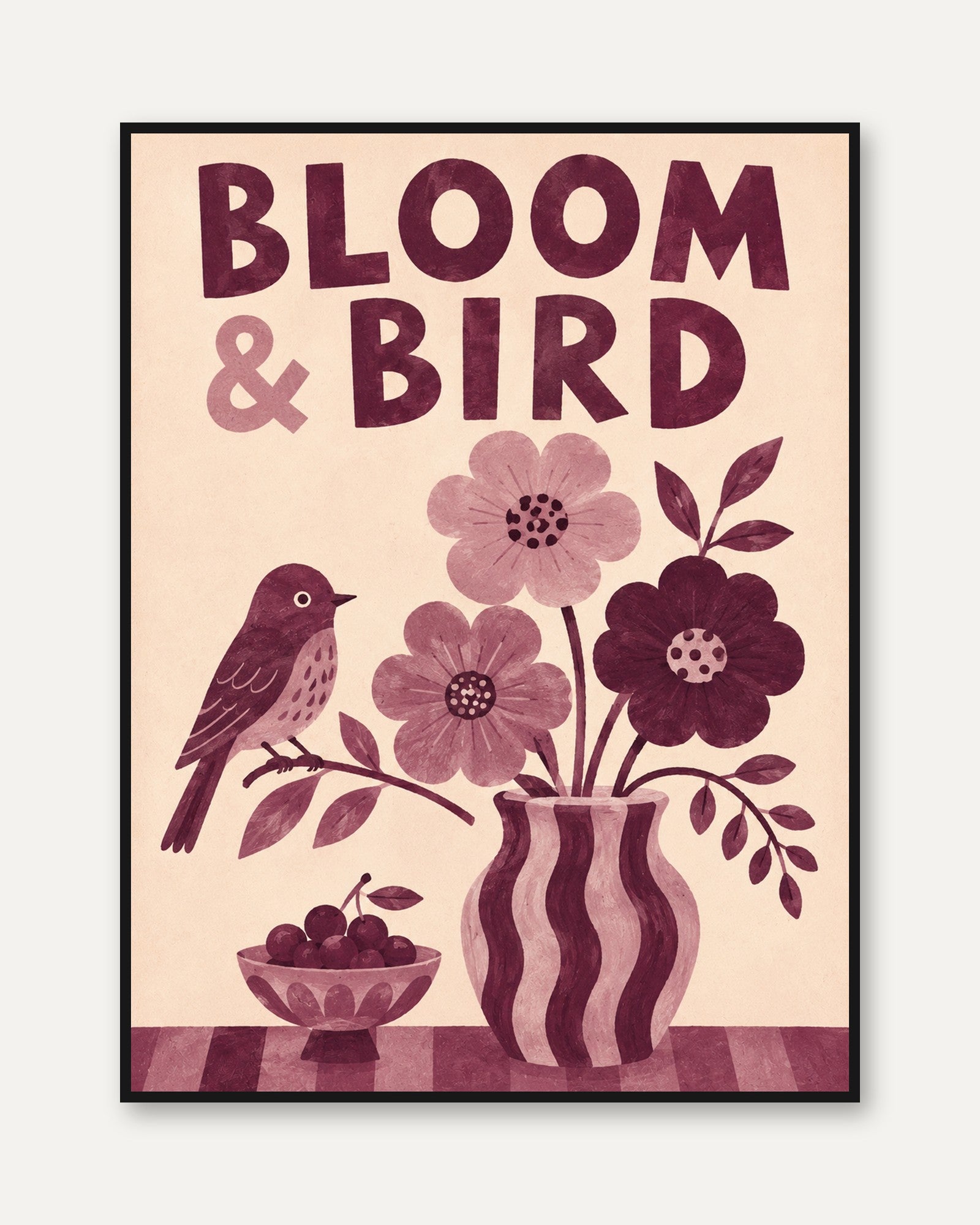 Bloom and Bird Folk Art Print: Vintage Floral Design - framed