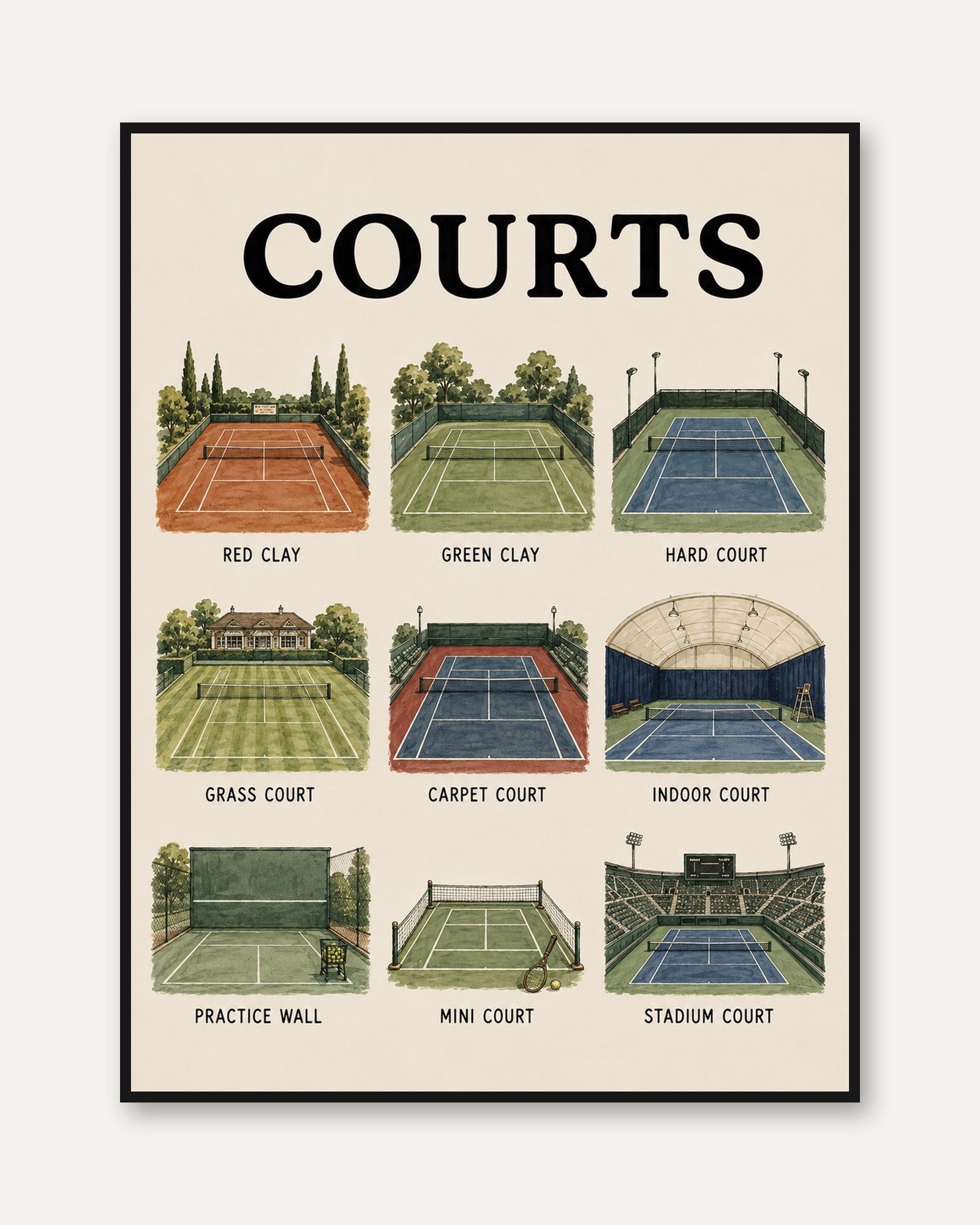 Tennis Courts Chart Print — Illustrated Guide to Court Types - framed