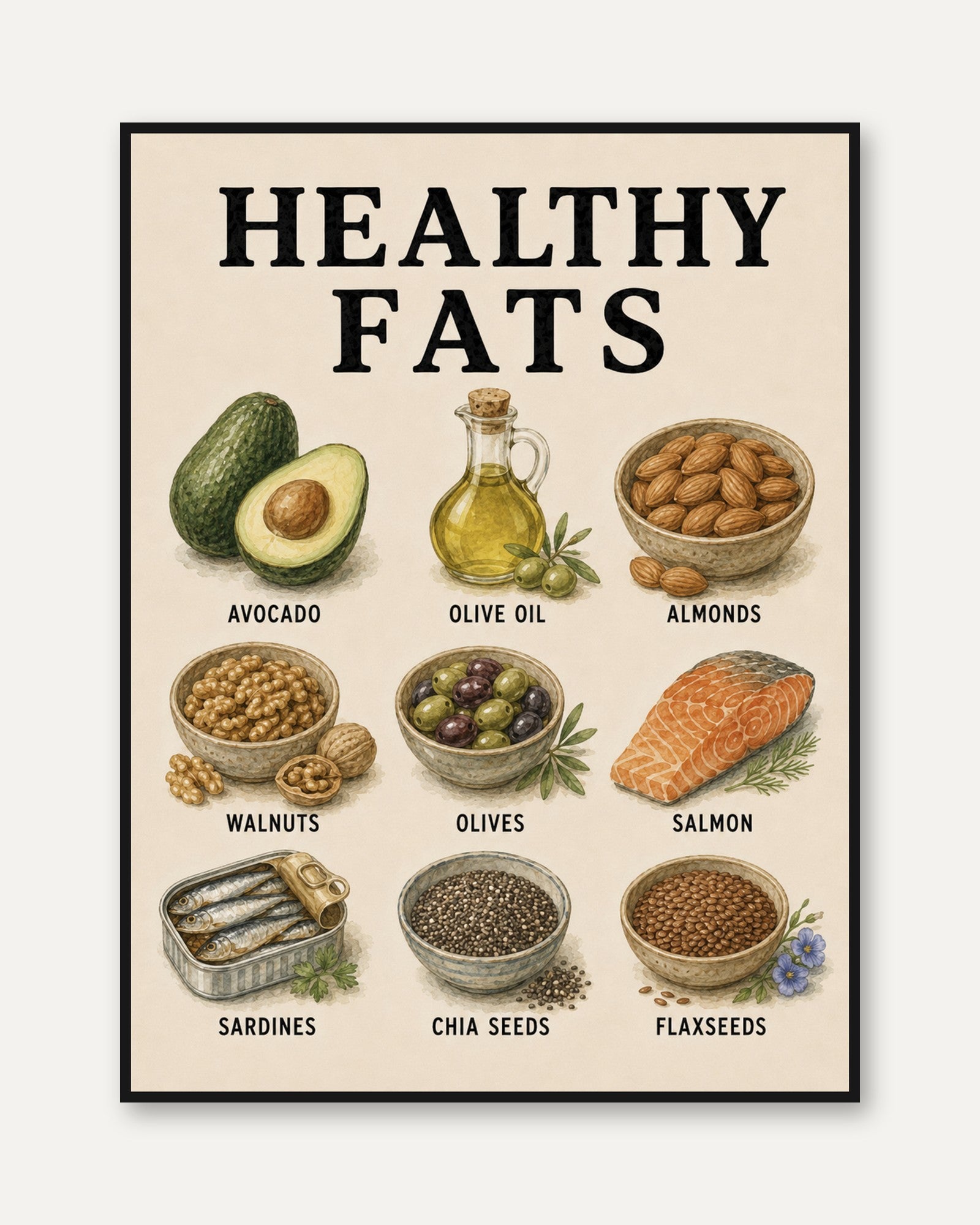 Healthy Fats Poster – Kitchen Wall Art - framed