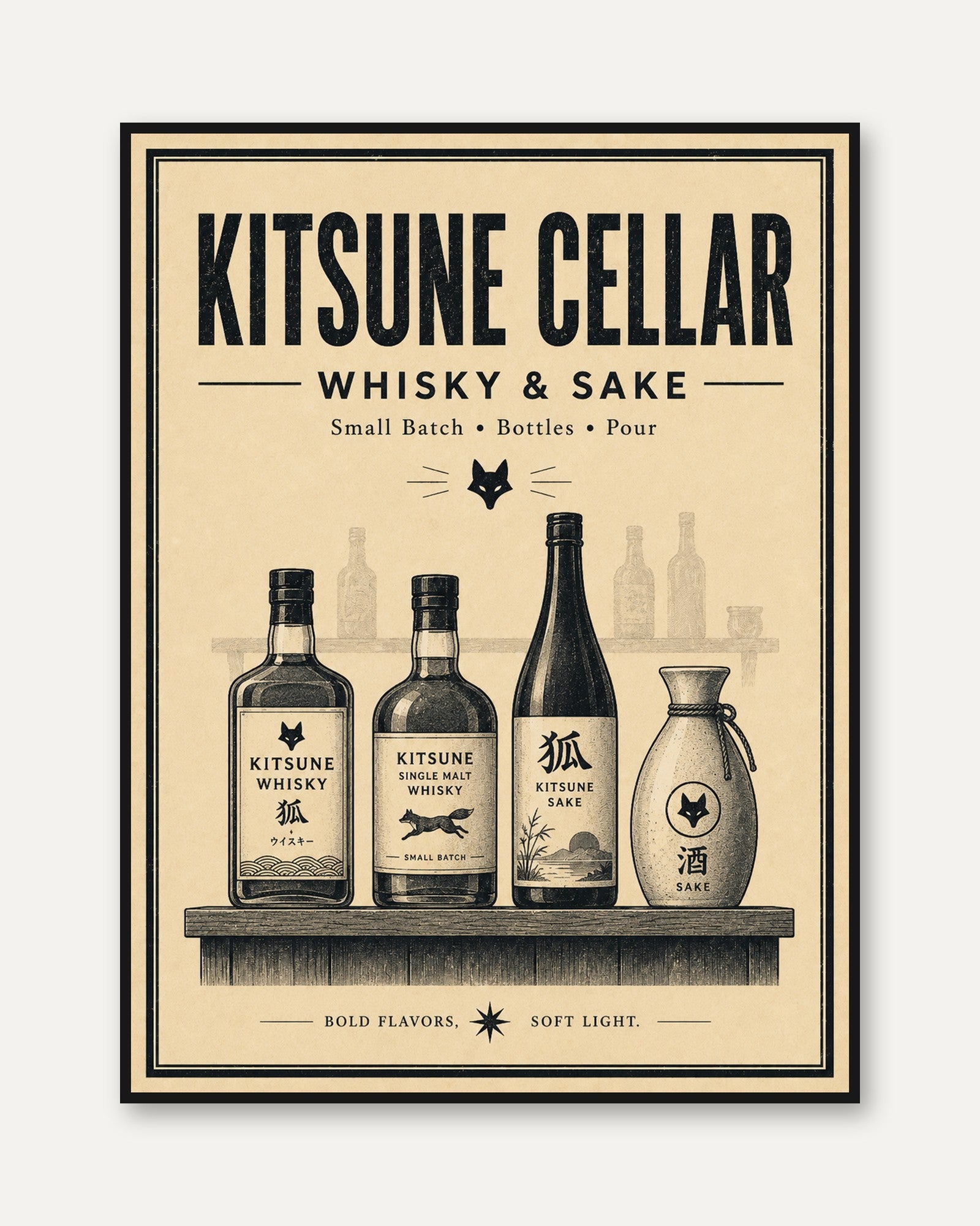 Kitsune Cellar Whisky & Sake Poster: Vintage Japanese Bar Art - framed