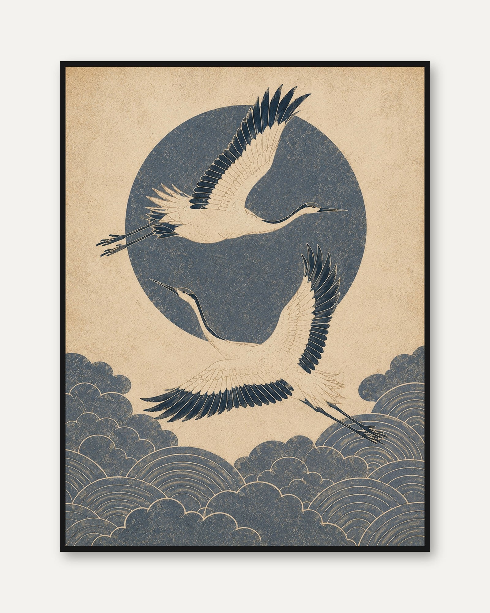 Japanese Cranes in Flight Art Print: Vintage Blue Beige Design - framed