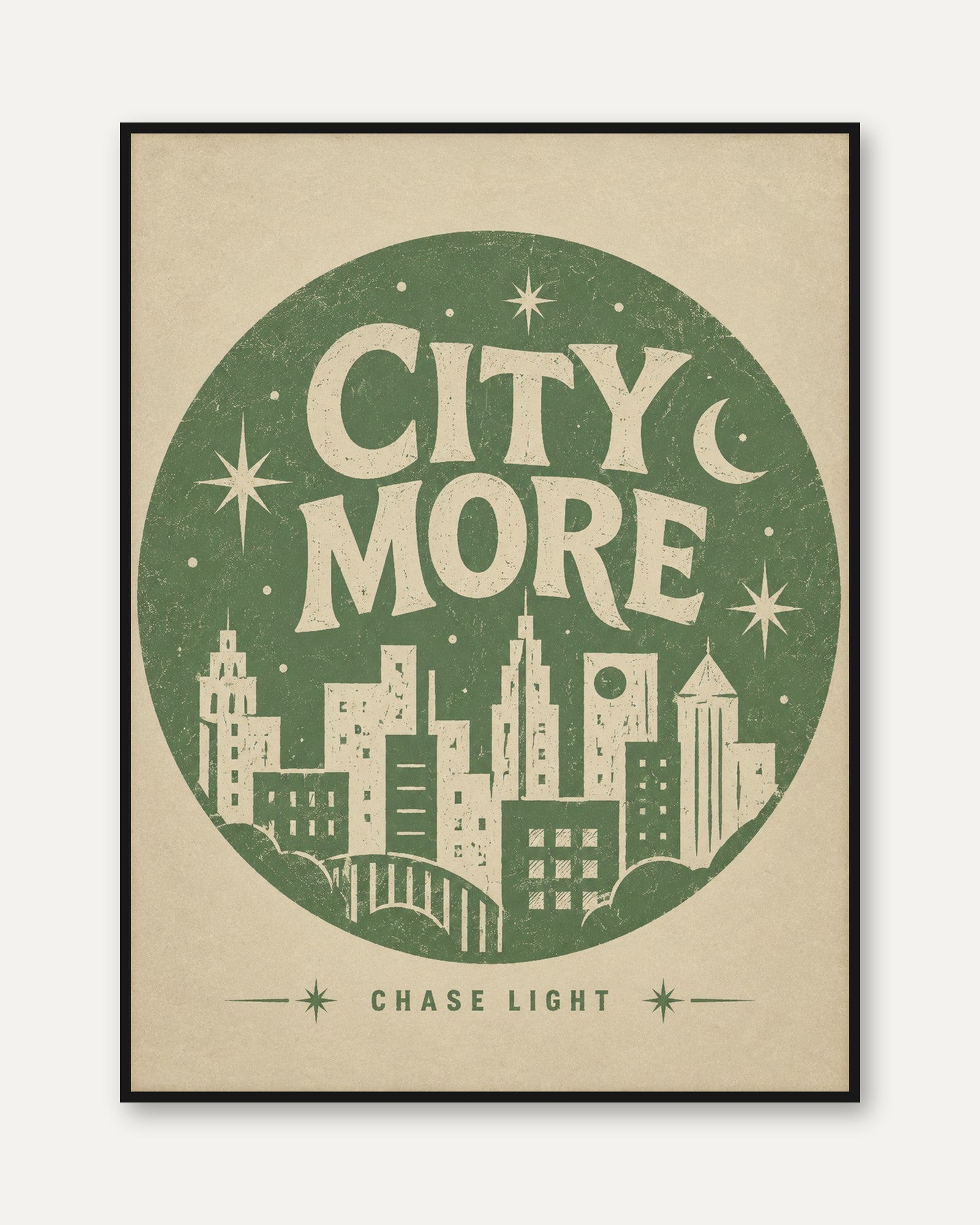 City More Chase Light Poster: Retro Green Typography Art Print - framed