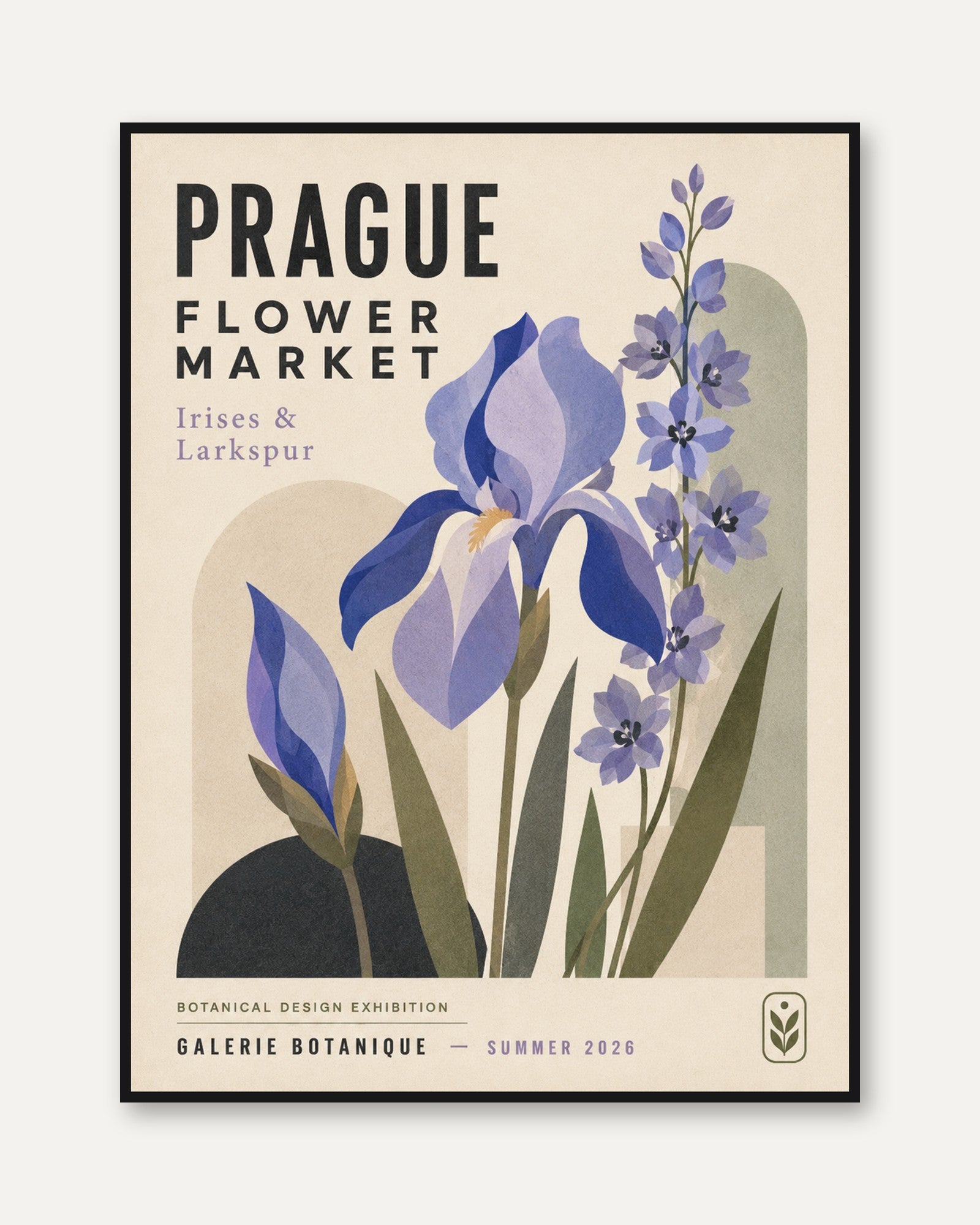 Botanical Poster Print — Prague Flower Market Iris & Larkspur - framed
