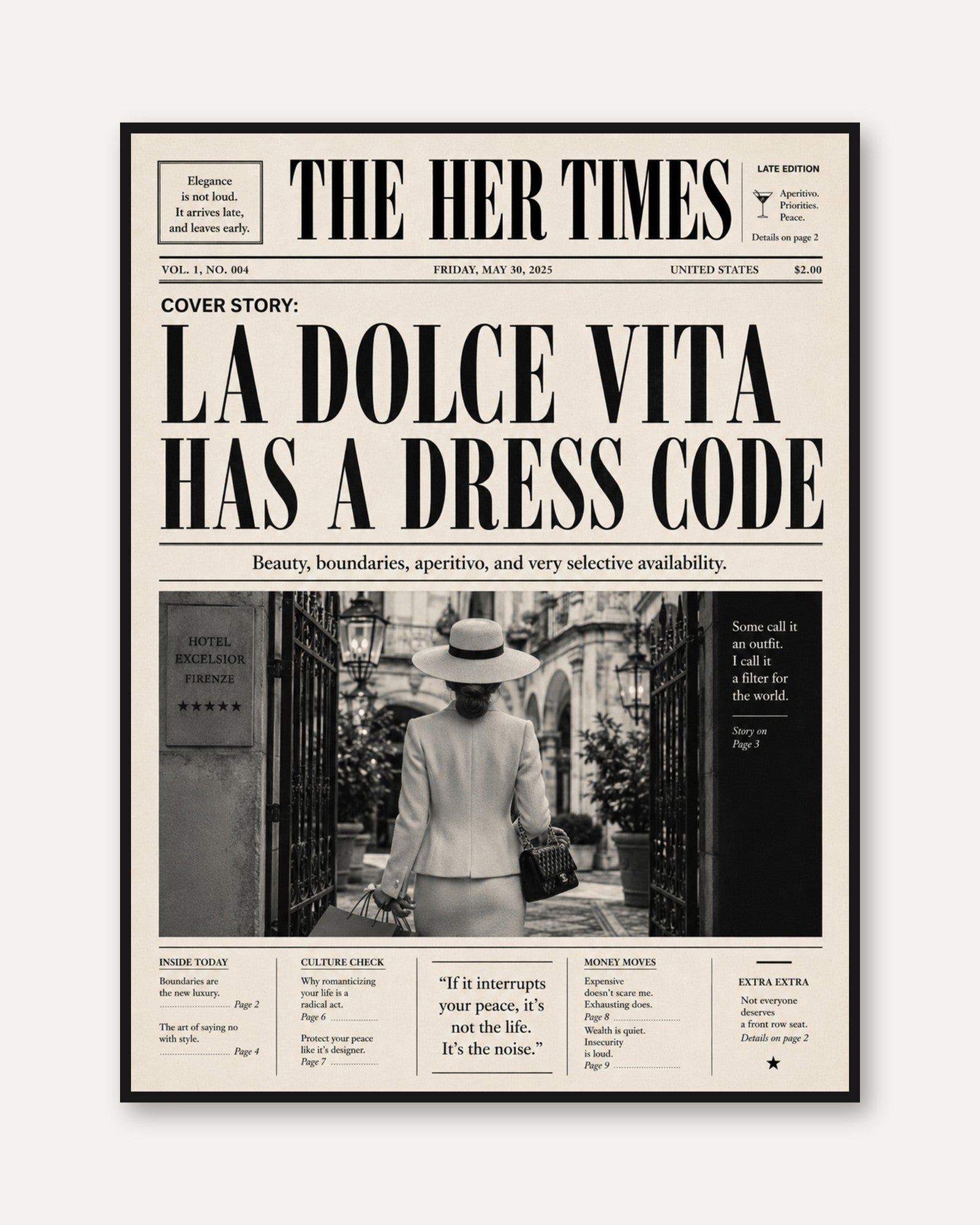 La Dolce Vita Newspaper Print: Vintage Florence Fashion Art - framed