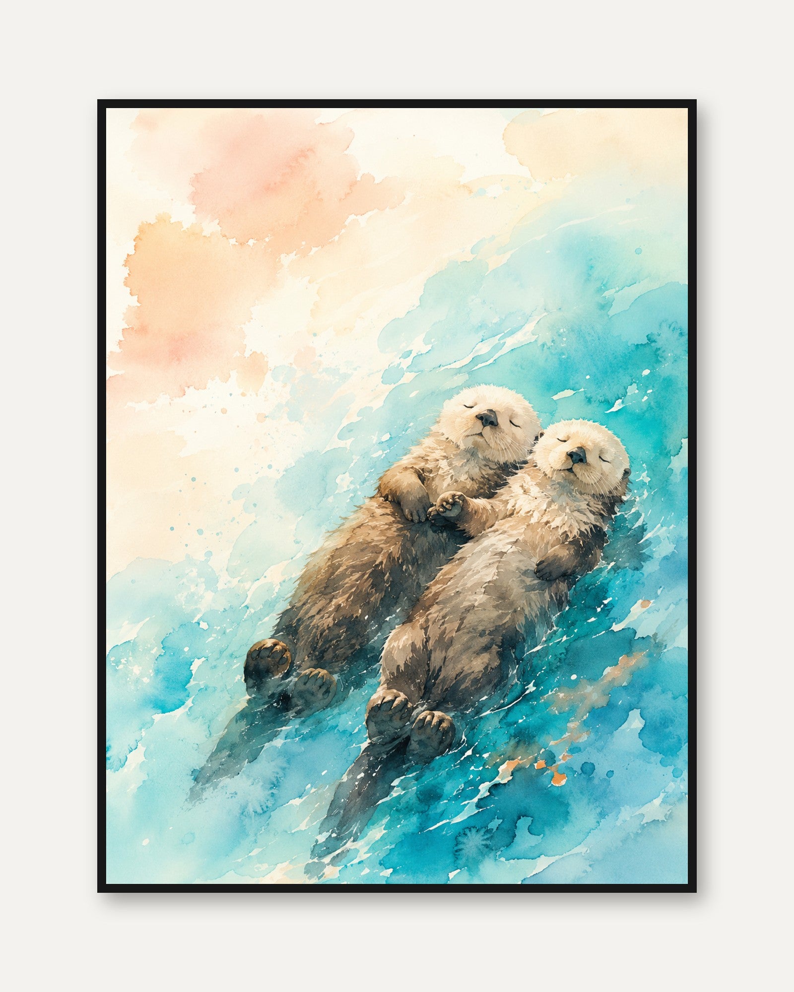 Otters Holding Hands Art Print: Watercolor Aqua and Peach - framed
