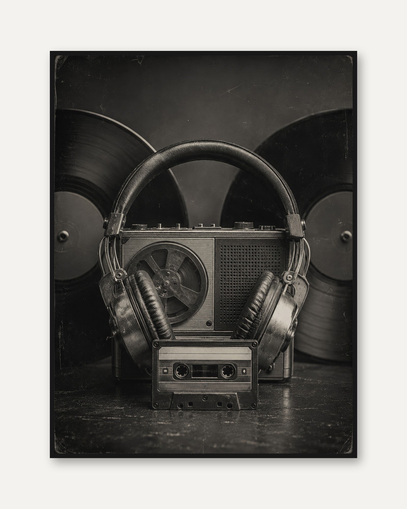 Vintage Audio Equipment Print — Retro Headphones Cassette Radio - framed