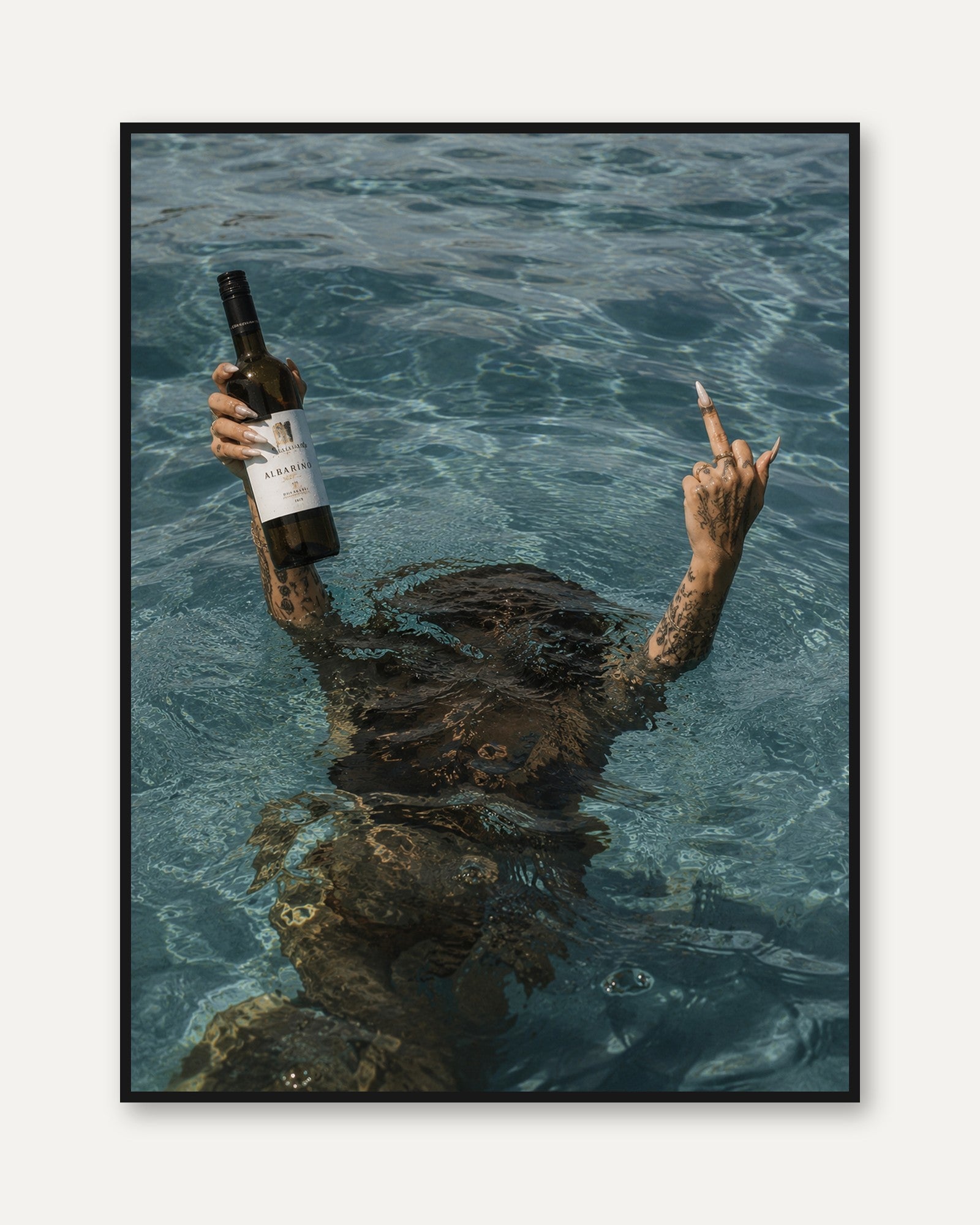 Wine Bottle in Ocean Art Print: Surreal Turquoise Water Photography - framed