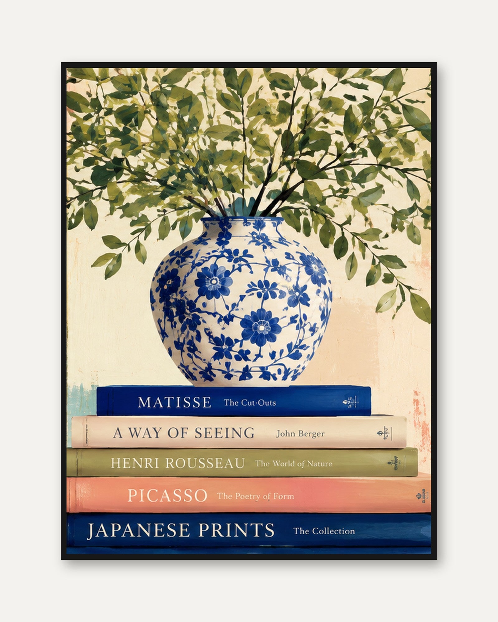 Blue and White Porcelain Vase with Greenery: Still Life Print - framed