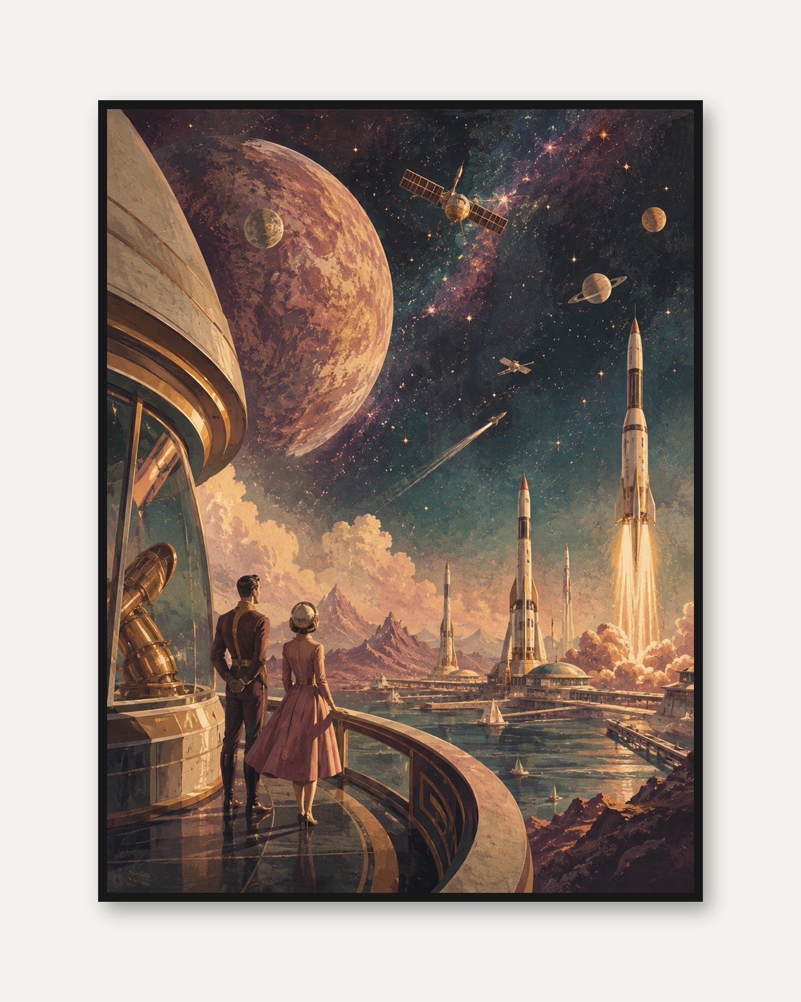 Retro Futuristic Space Colony Art Print: Golden Age Sci-Fi - framed