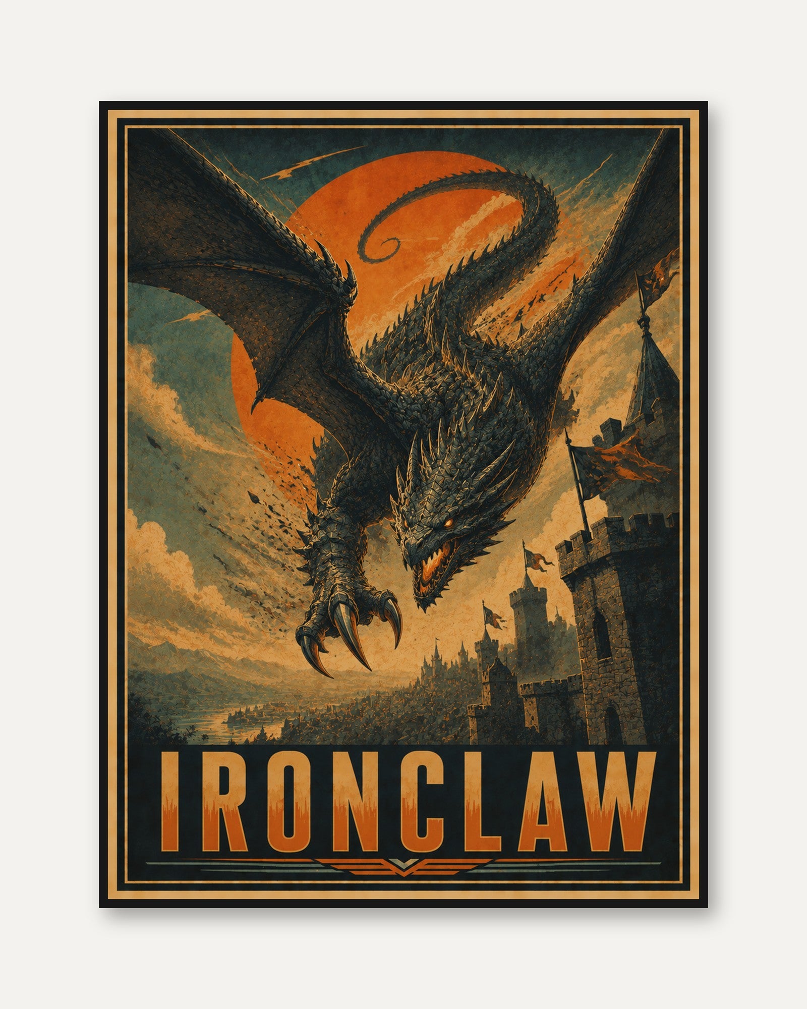 Vintage Dragon Castle Poster: Fantasy Art Deco Wall Art - framed