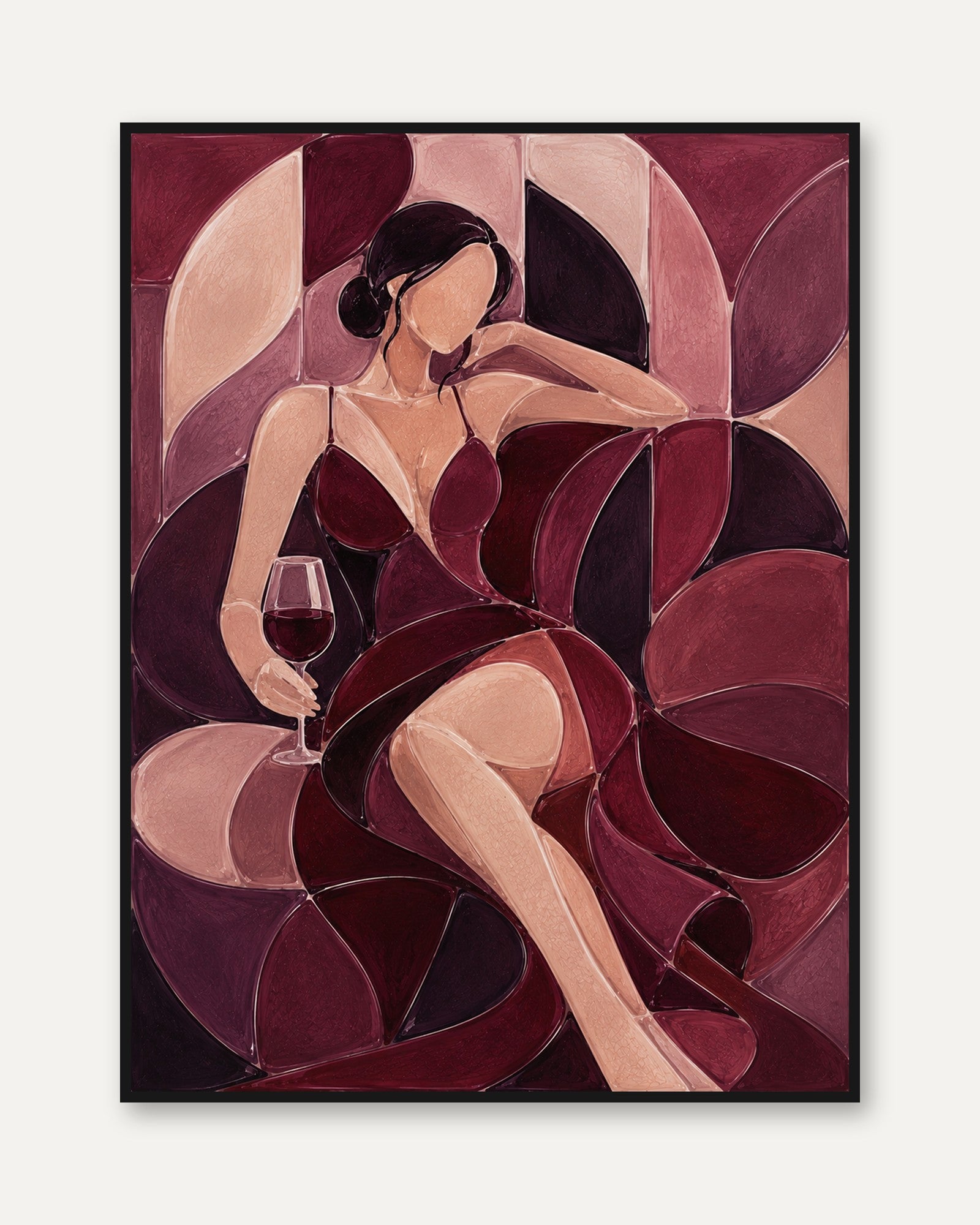 Art Deco Woman with Wine Glass: Burgundy Geometric Wall Art - framed