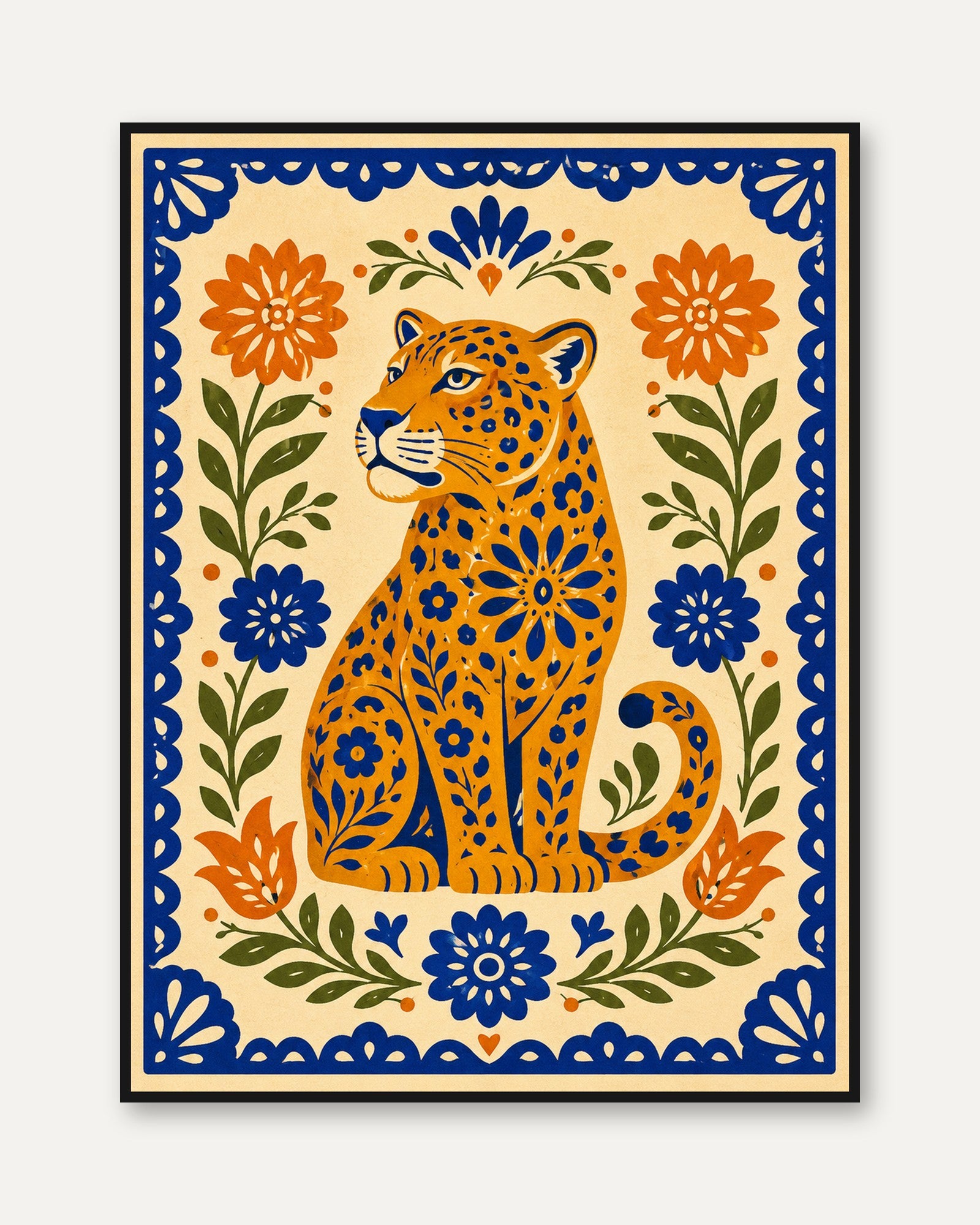 Folk Art Leopard Print – Floral Animal Wall Art - framed