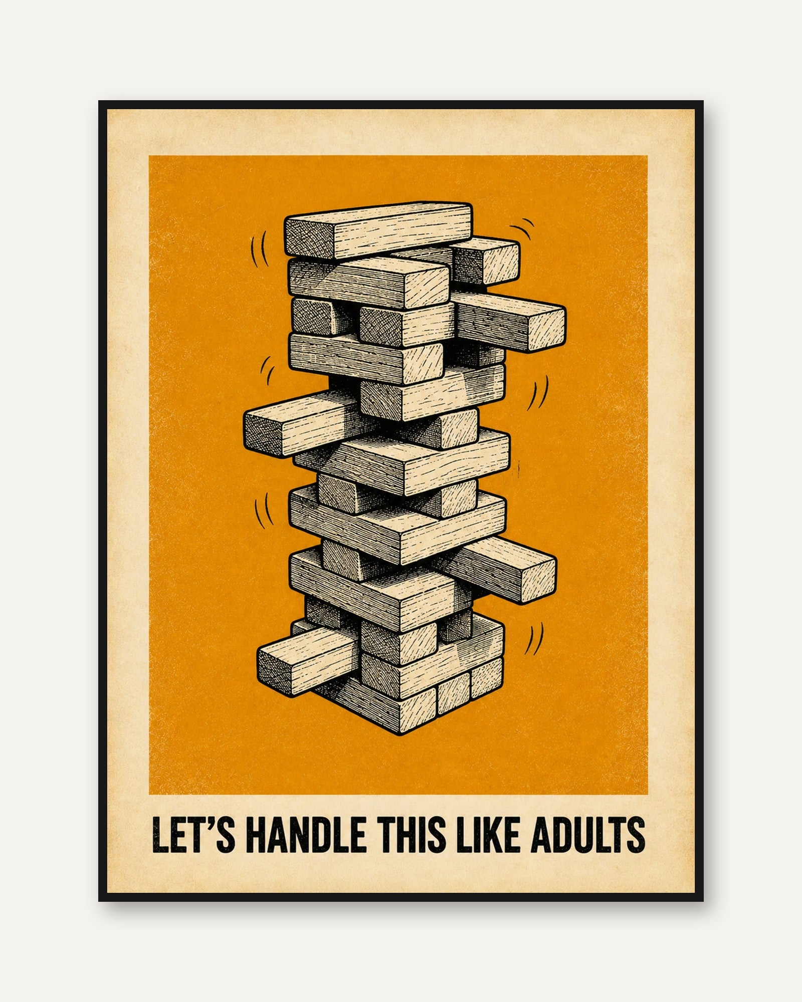 Wooden Block Tower Game Print: Vintage Orange Illustration - framed