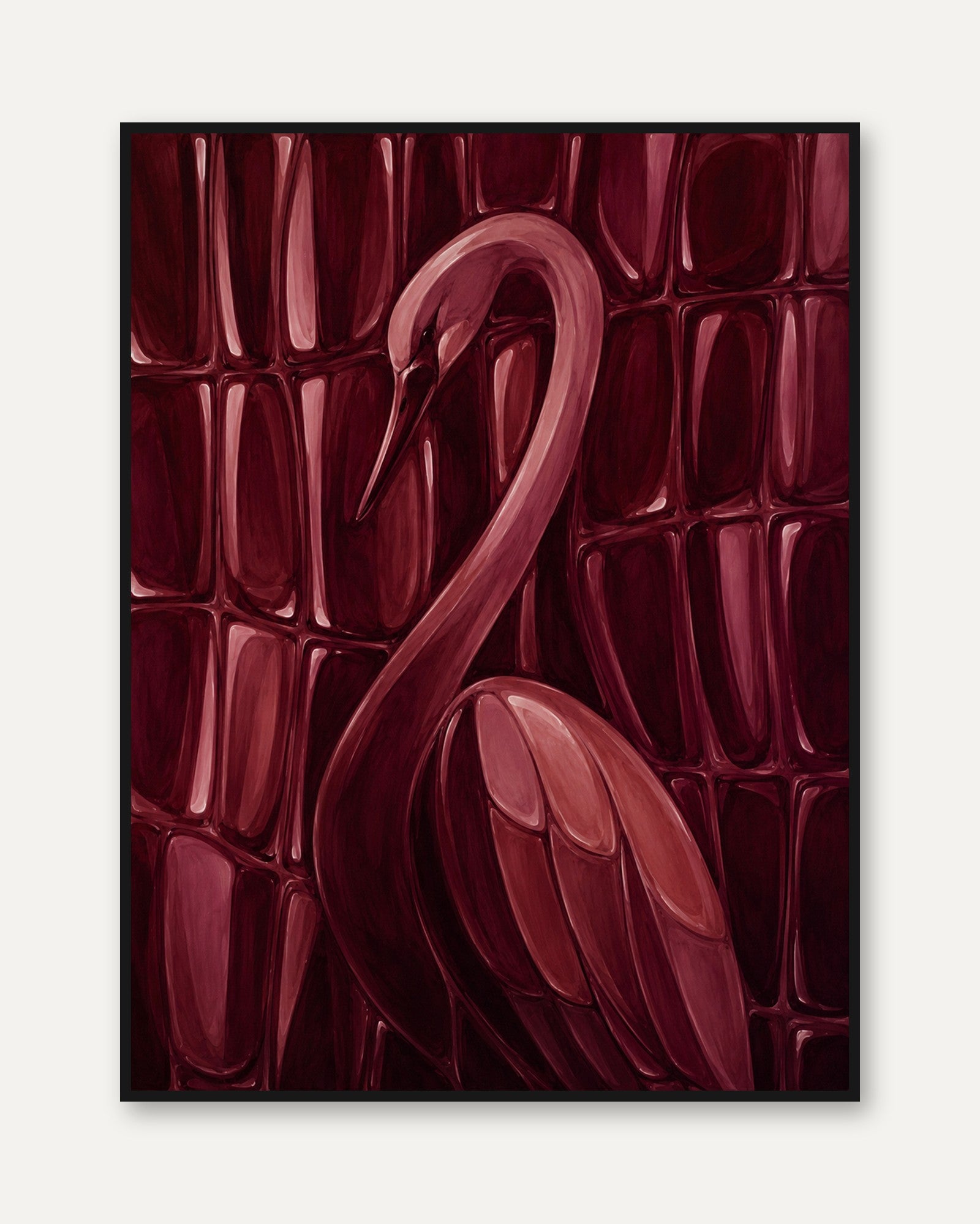 Burgundy Flamingo Art Print: Geometric Abstract Bird Design - framed
