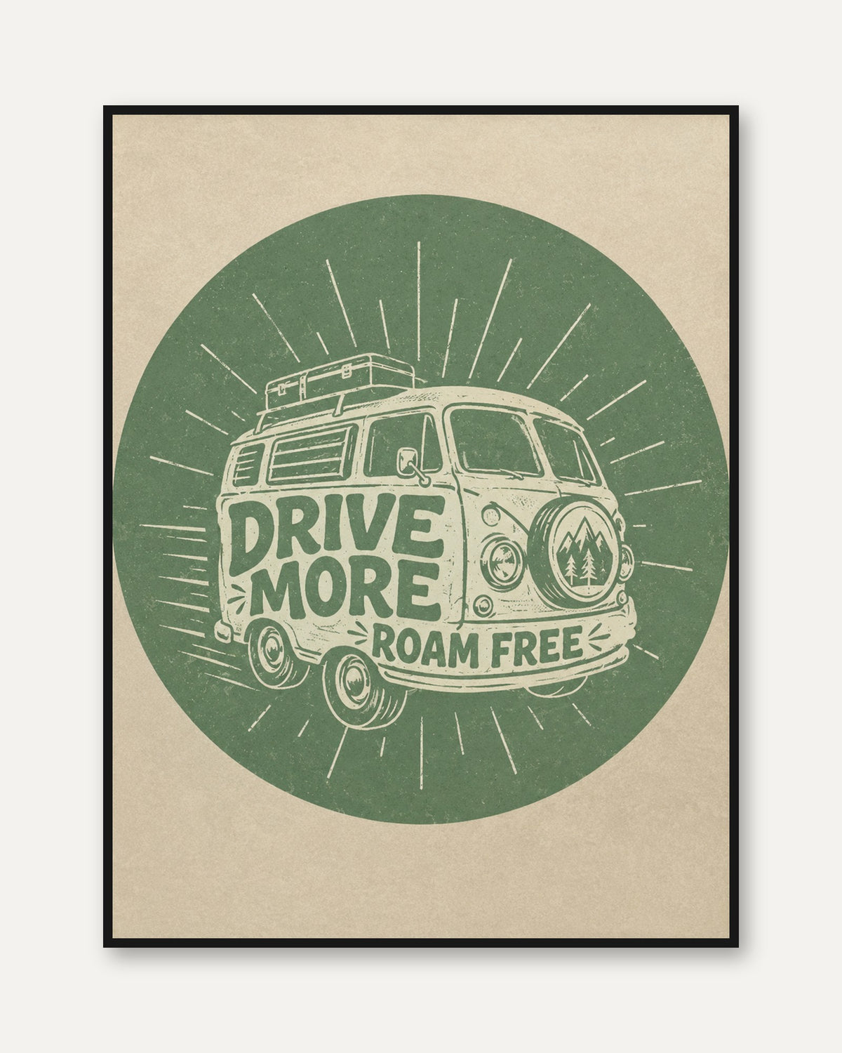 Drive More Roam Free Van Print: Retro Green Adventure Travel Art - framed