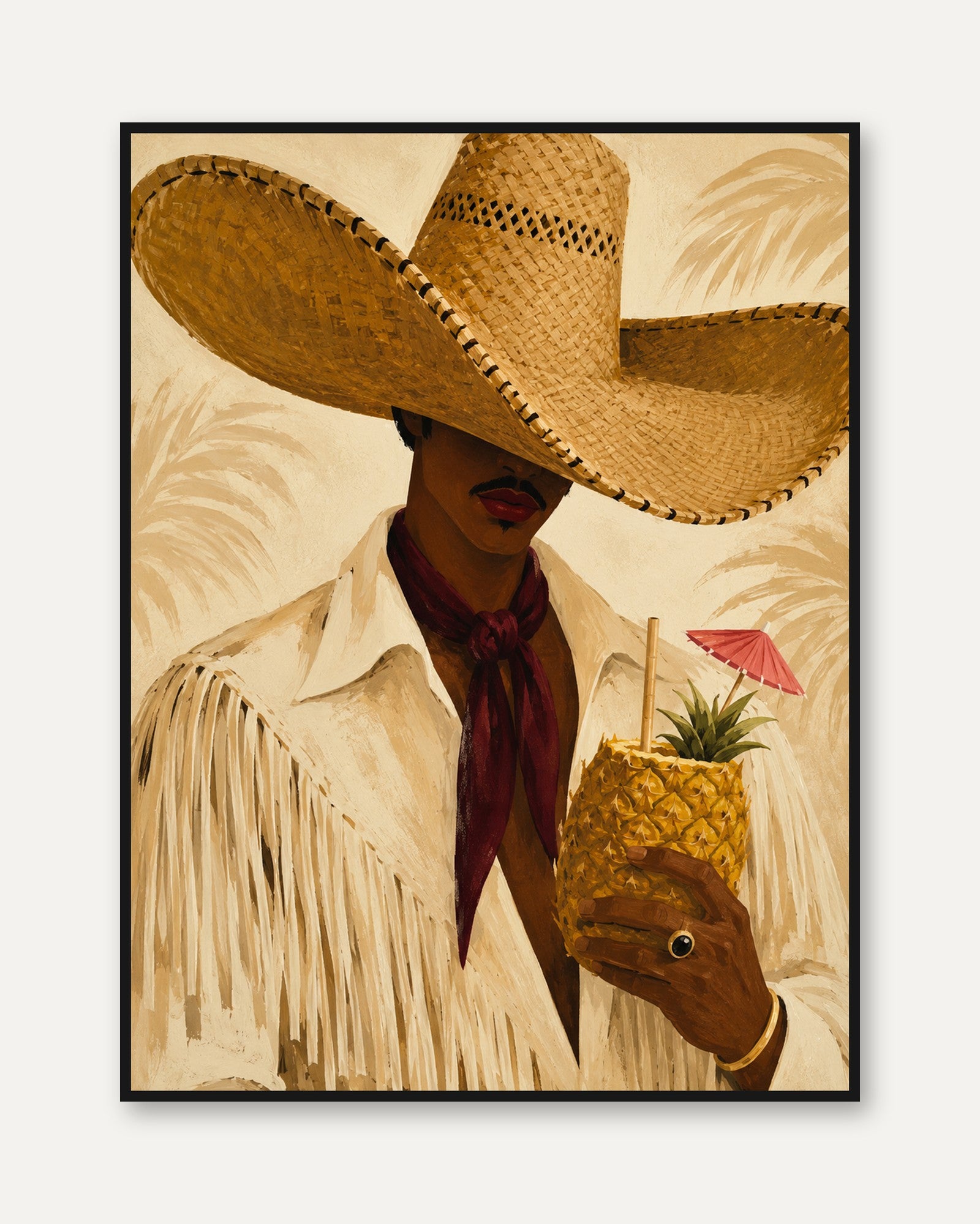 Tropical Cowgirl with Pineapple Drink: Warm Tan Fashion Art Print - framed