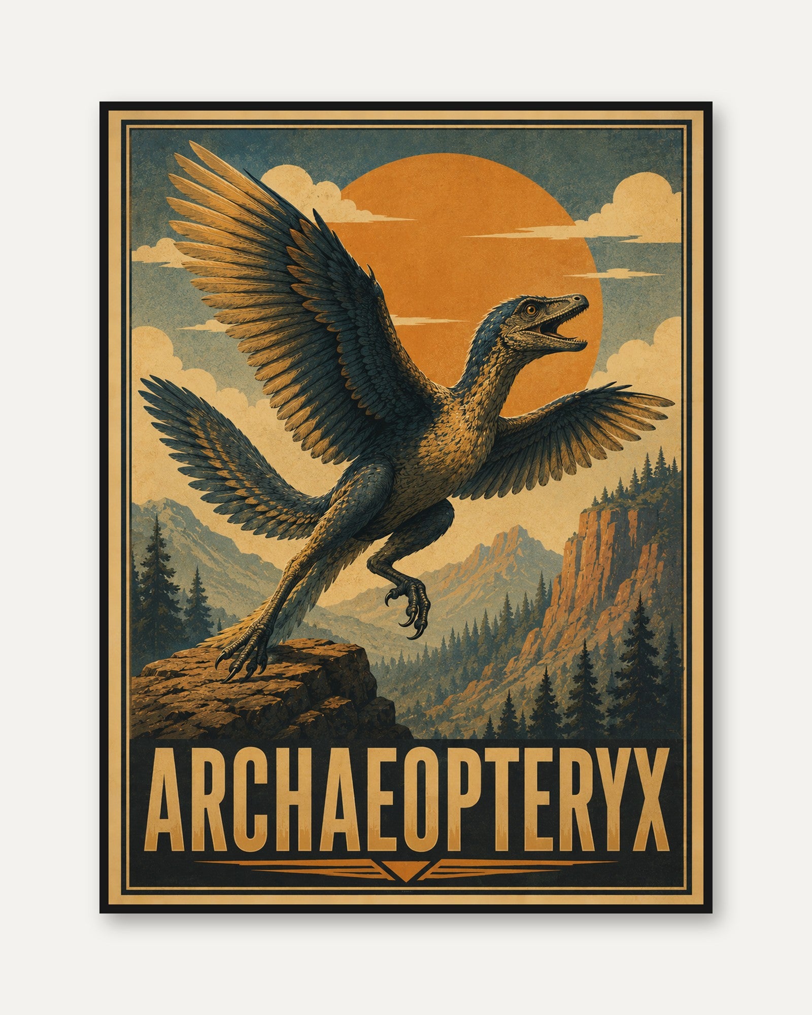 Archaeopteryx Poster: Vintage Dinosaur Art Print - framed