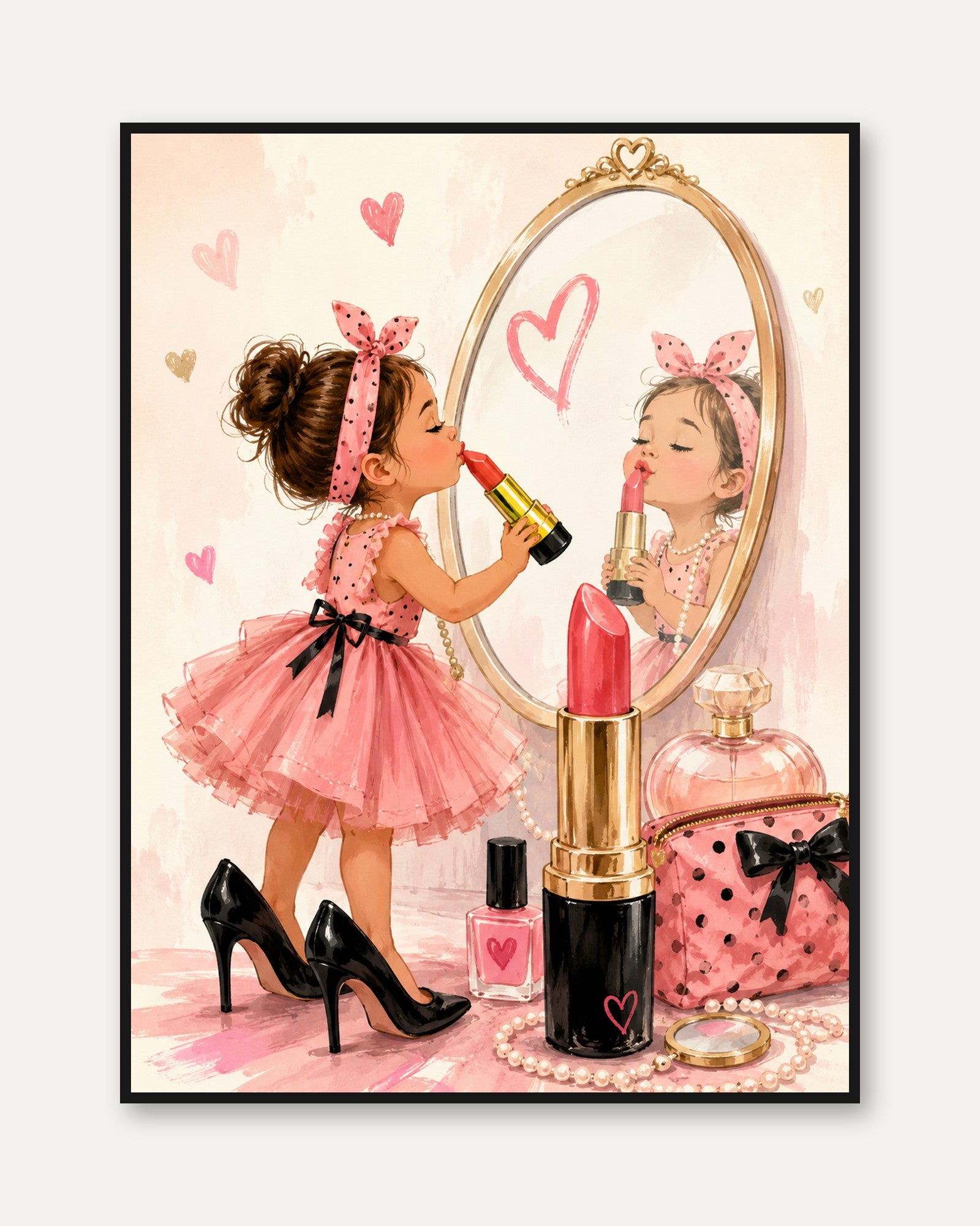 Little Girl with Lipstick Mirror Art Print: Pink Fashion Poster - framed