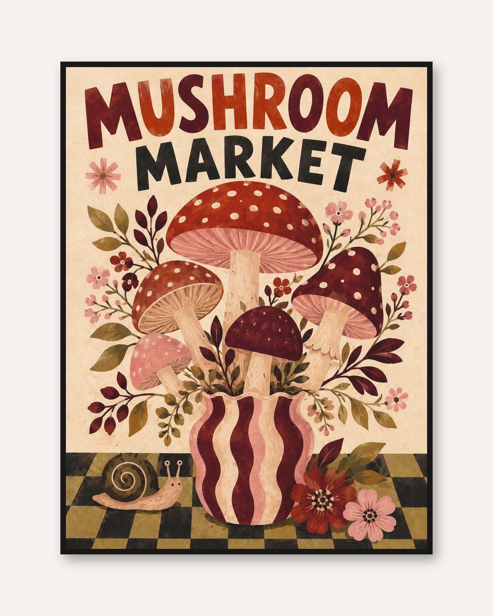 Mushroom Kitchen Decor – Folk Art Print - framed