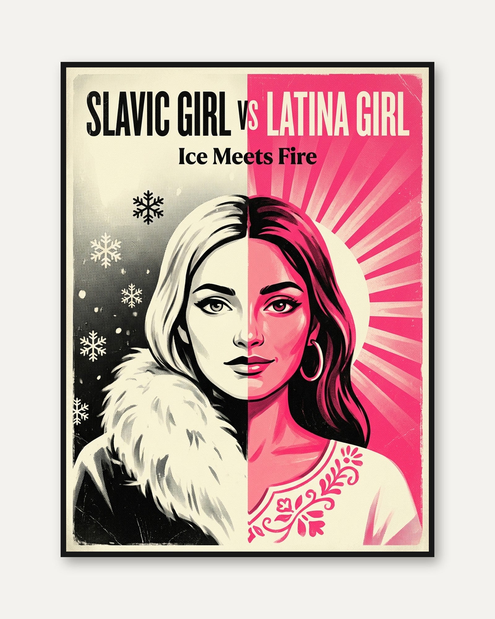 Ice Meets Fire Retro Poster: Split Portrait Pink Black Design - framed