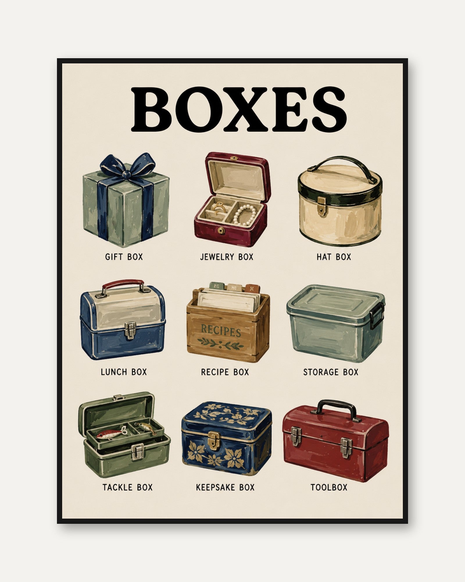 Vintage Boxes Collection Print: Retro Illustration Wall Art - framed