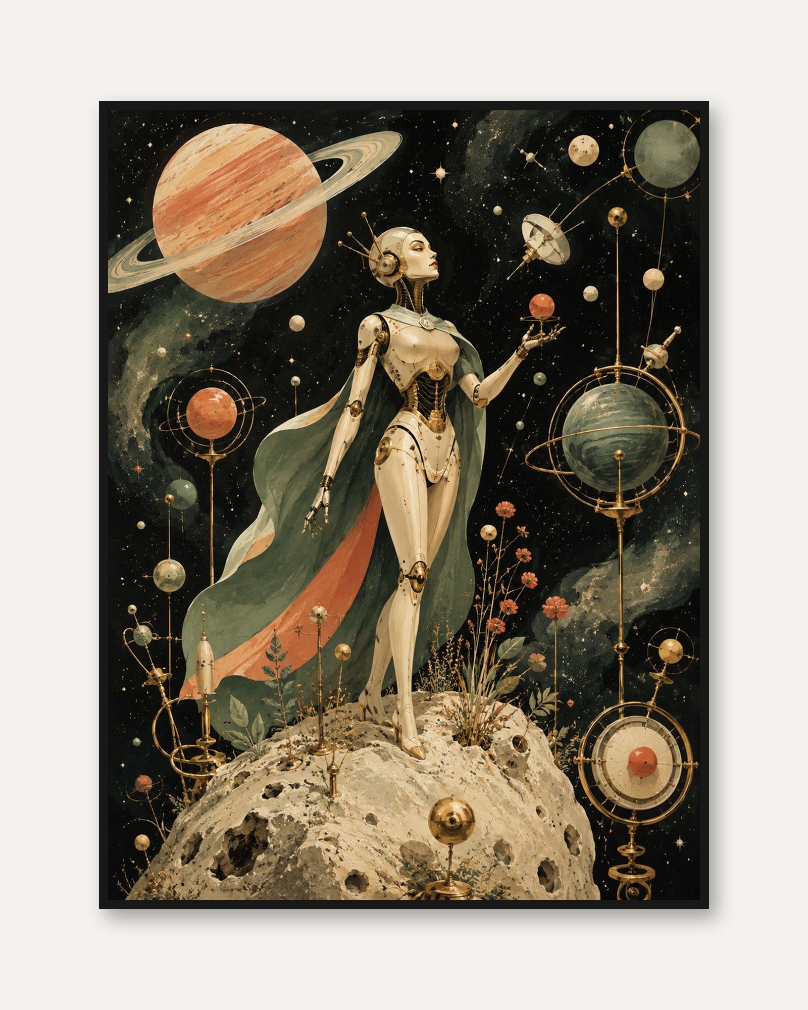 Celestial Robot Woman Art Print: Art Deco Space Fantasy - framed