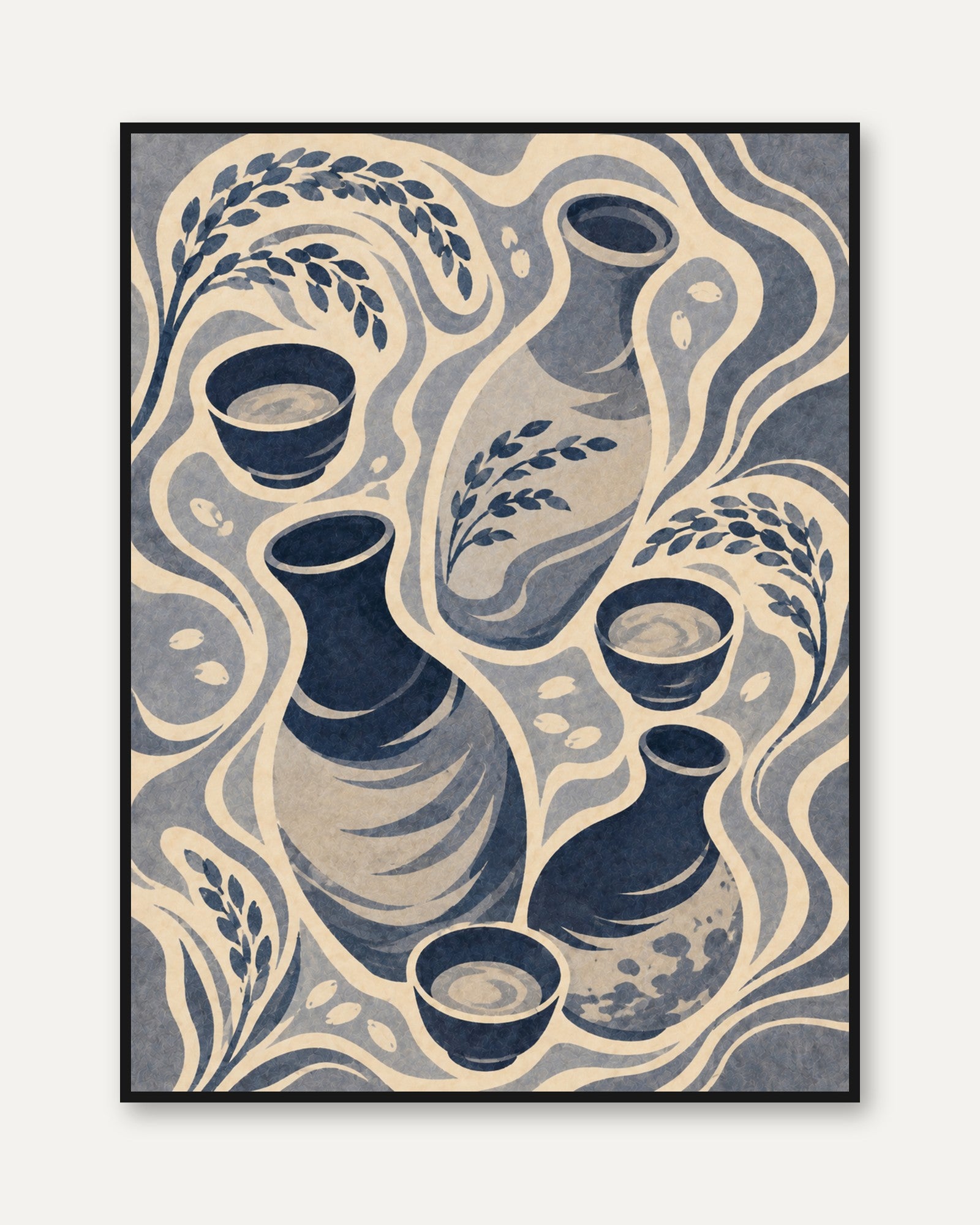 Ceramic Vessels and Wheat Art Print: Folk Art Navy and Beige - framed