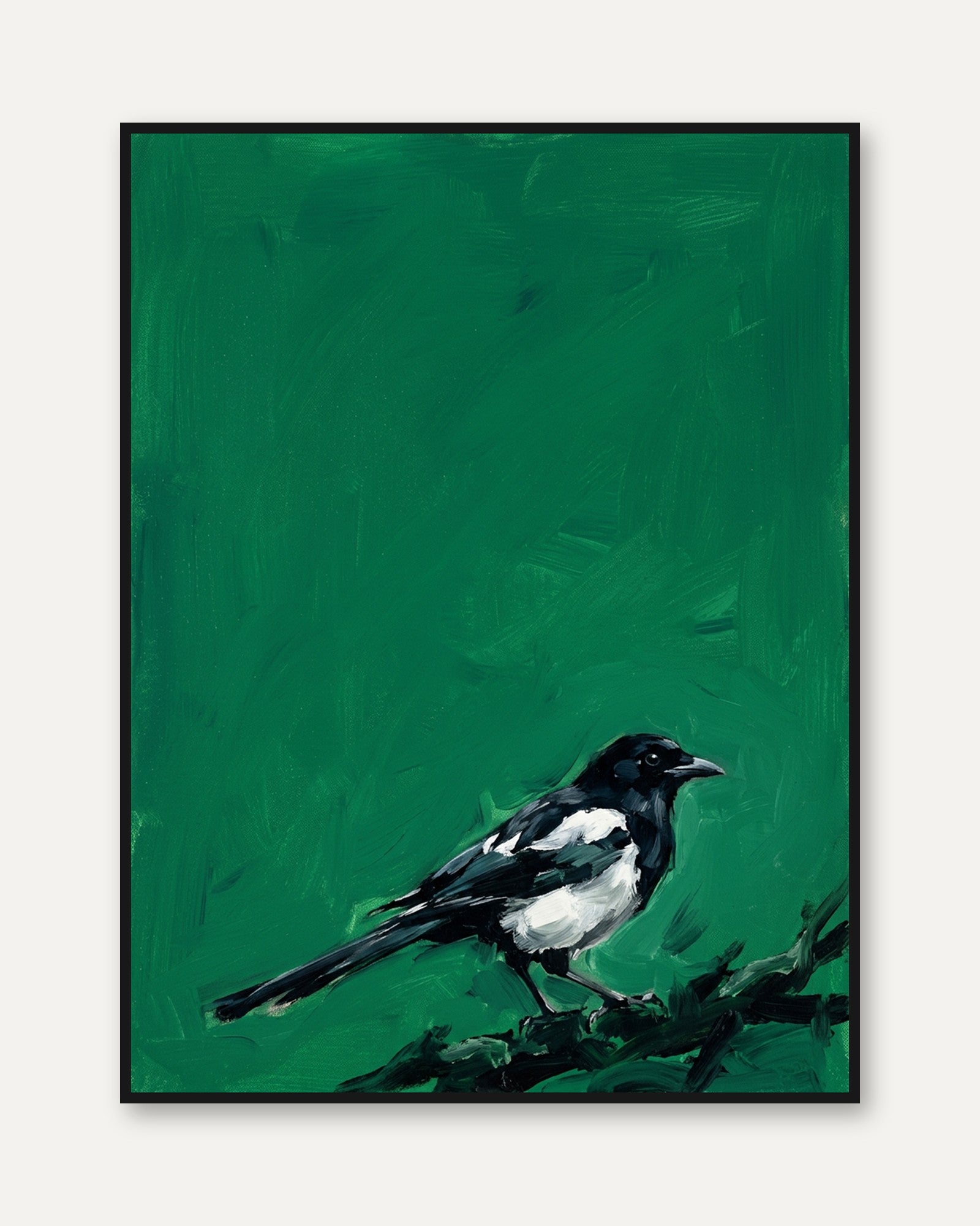Magpie Bird Painting — Expressive Black & White on Green - framed