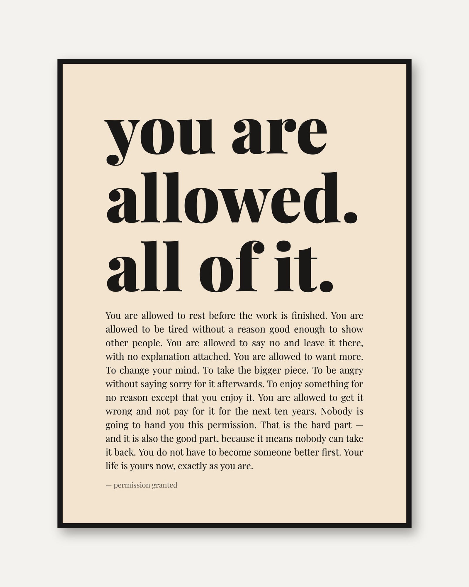 Permission Granted Print – Self Care Wall Art - framed
