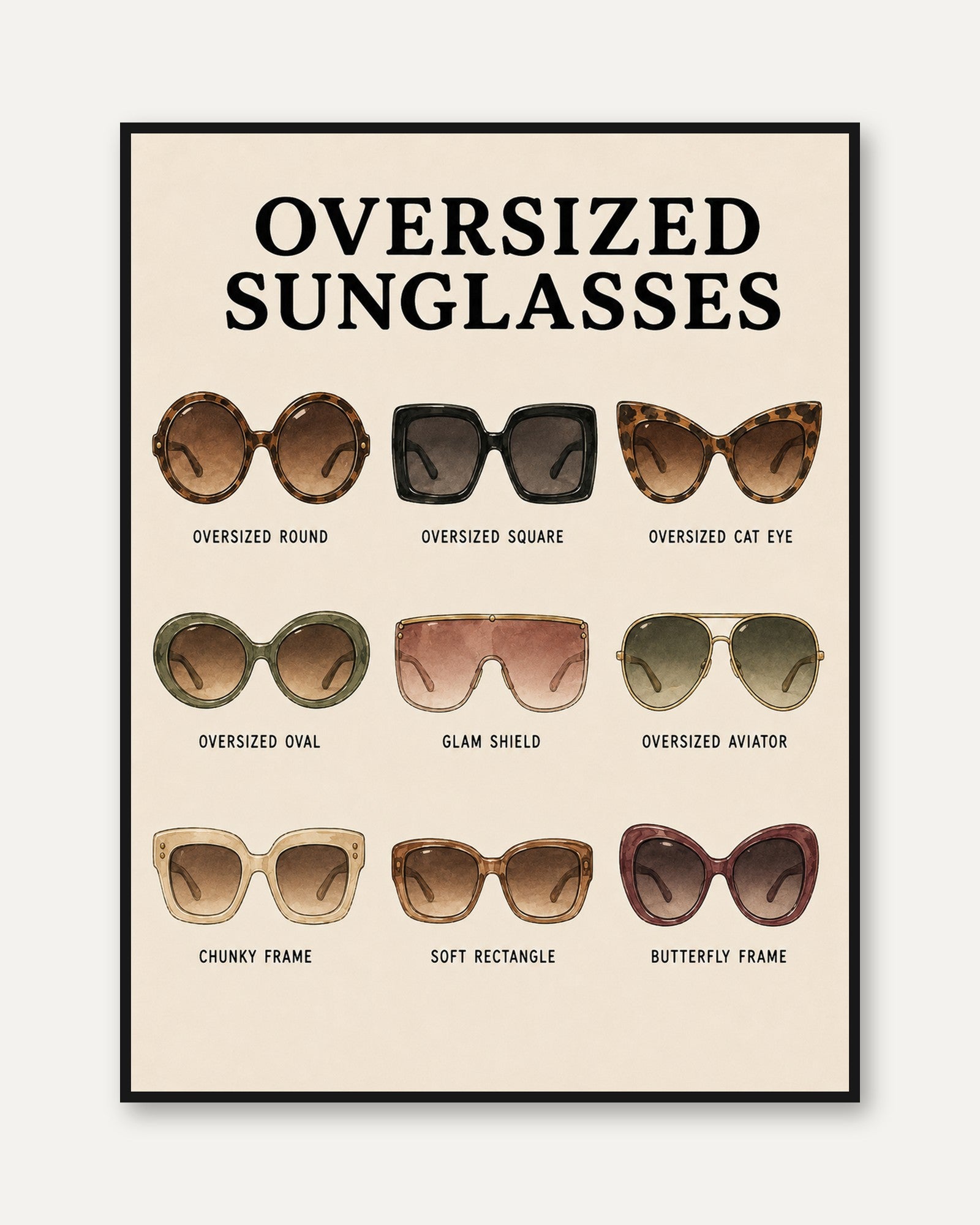 Oversized Sunglasses Guide Poster: Retro Fashion Wall Art - framed