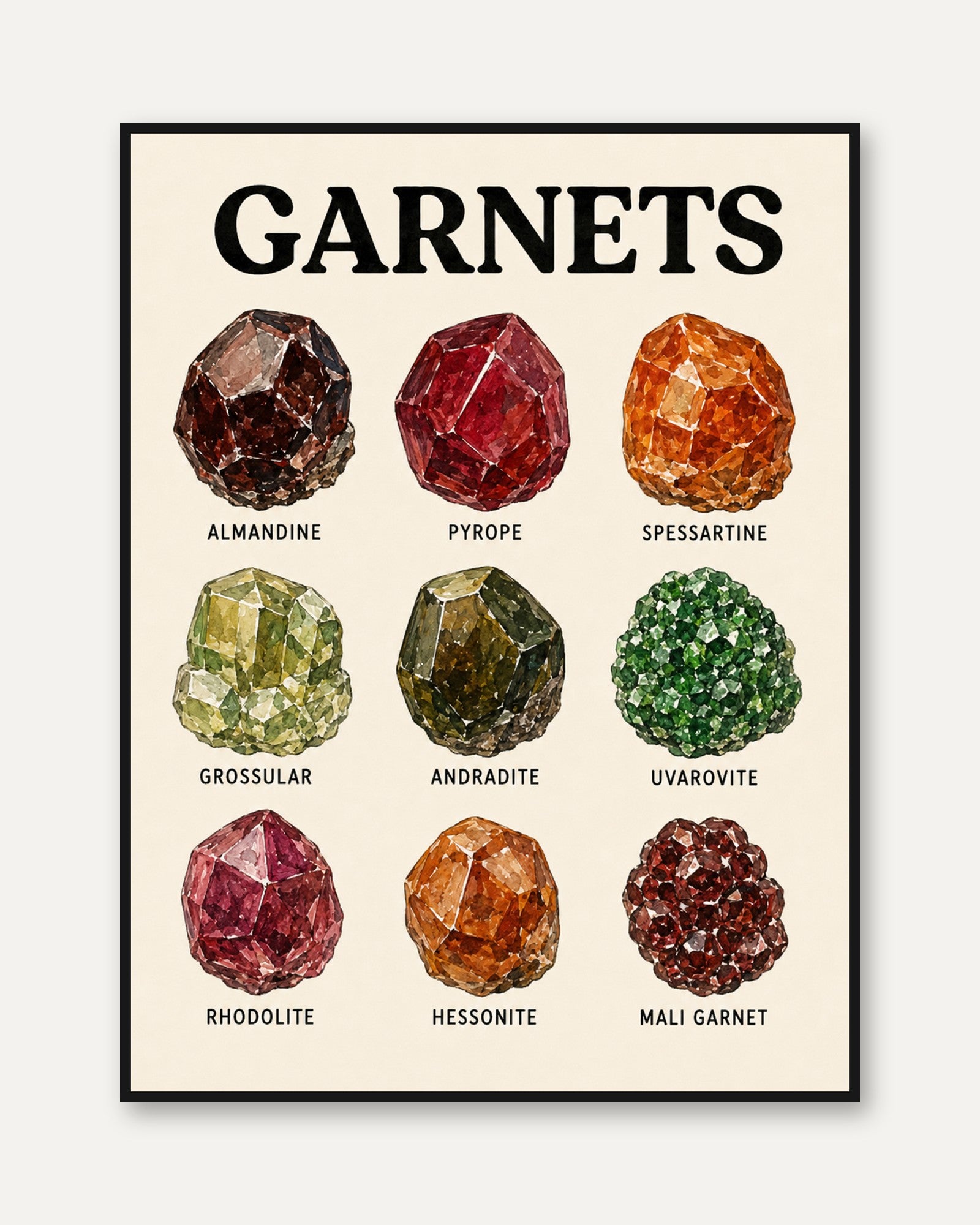 Garnet Gemstone Collection Print: Vintage Mineralogy Chart - framed