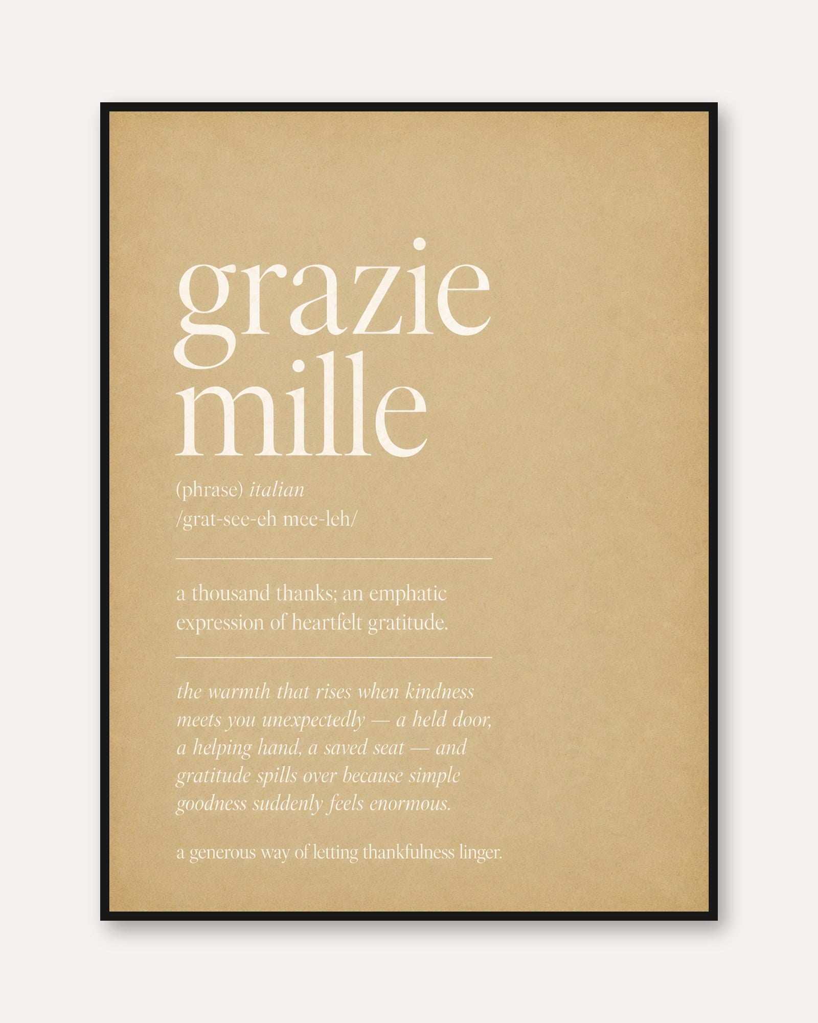 Italian Typography Print: Grazie Mille Phrase (Kitchen Decor) - framed