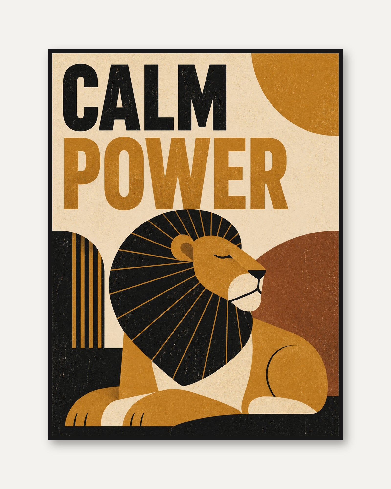 Calm Power Lion Print: Art Deco Geometric Mustard and Black - framed