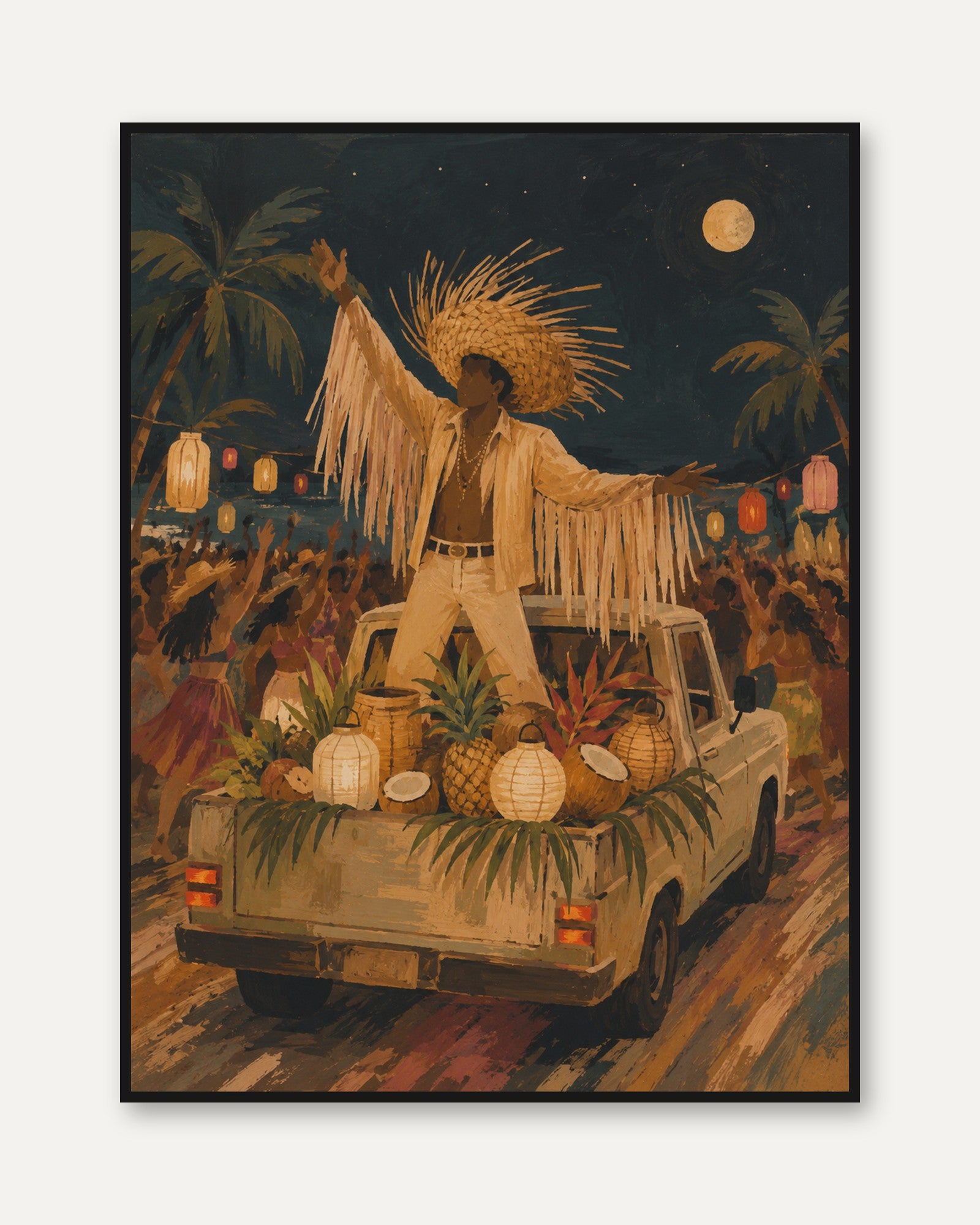 Tropical Carnival Parade Print: Golden Night Festival Art - framed